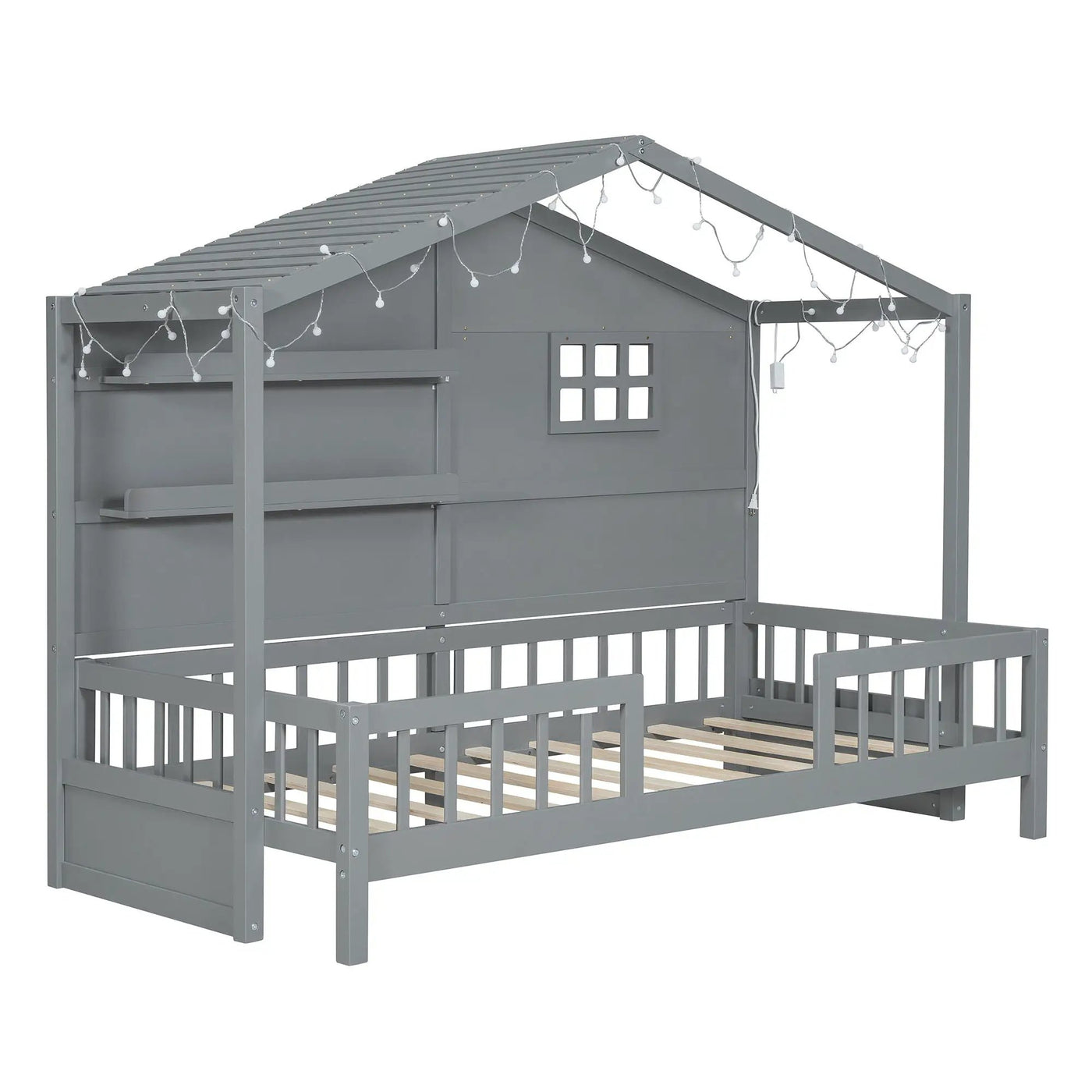 House Bed With Shelves, Window And Sparkling Light Strip On The Roof by Unique Piece Furniture