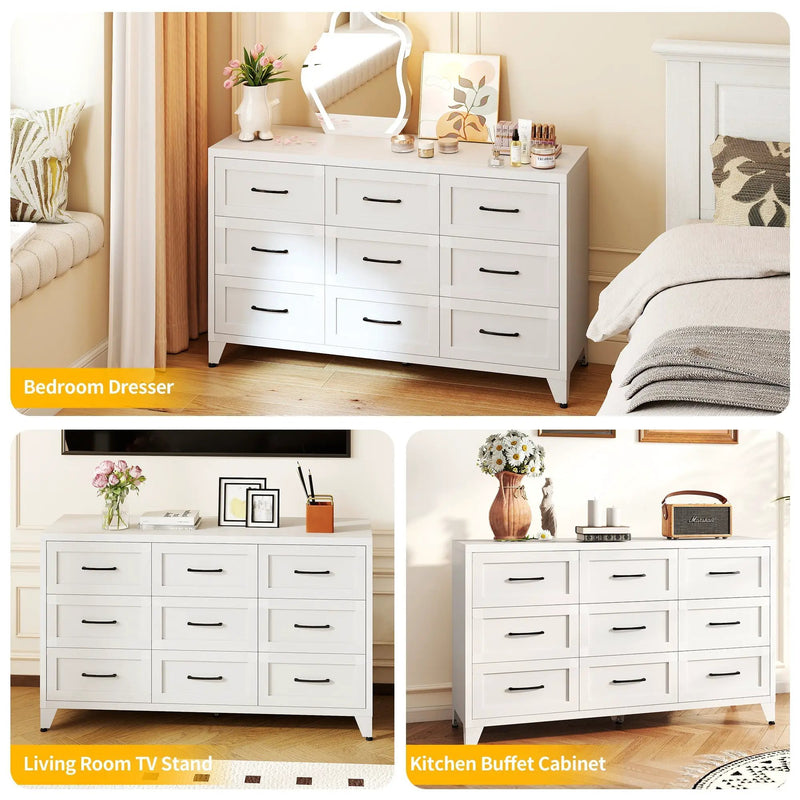 9 Drawer White Metal Dresser with Quiet-Glide Rails by HouseOfZazla