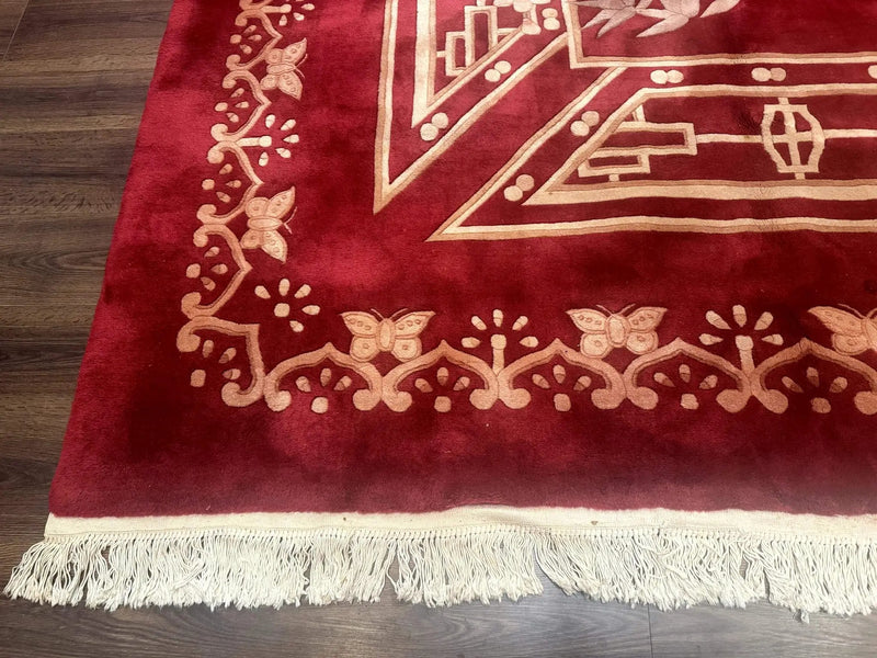 Palace Size Chinese Wool Rug 12x18, Red Art Deco Chinese Carving Carpet, Butterflies Flowers by Jewel Rugs
