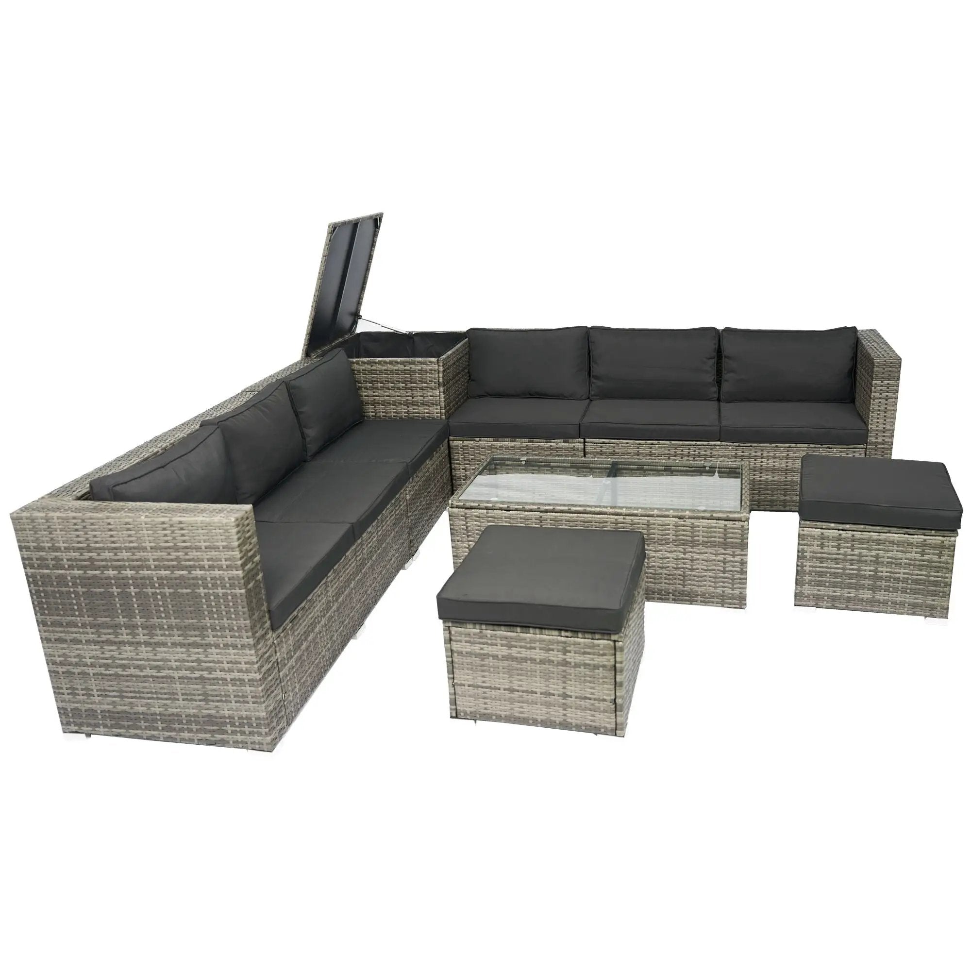 8 Piece Patio Sectional Wicker Rattan Outdoor Furniture Sof Set With One Storage Box Under Seat And Cushion Box - Gray / Black by HouseOfZazla