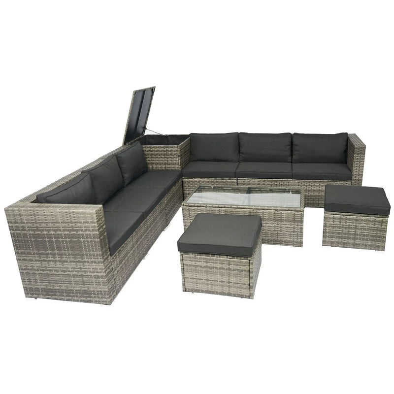 8 Piece Patio Sectional Wicker Rattan Outdoor Furniture Sof Set With One Storage Box Under Seat And Cushion Box - Gray / Black by HouseOfZazla