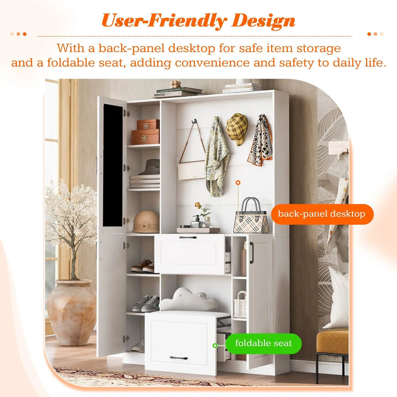 Entryway Bench With Integrated Shoe Cabinet, 3 In 1 Design And Mirrored Cabinet Door, Hall Tree With 4 Sturdy Hooks And Foldable Seat For Entrance, Living Room - White by HouseOfZazla