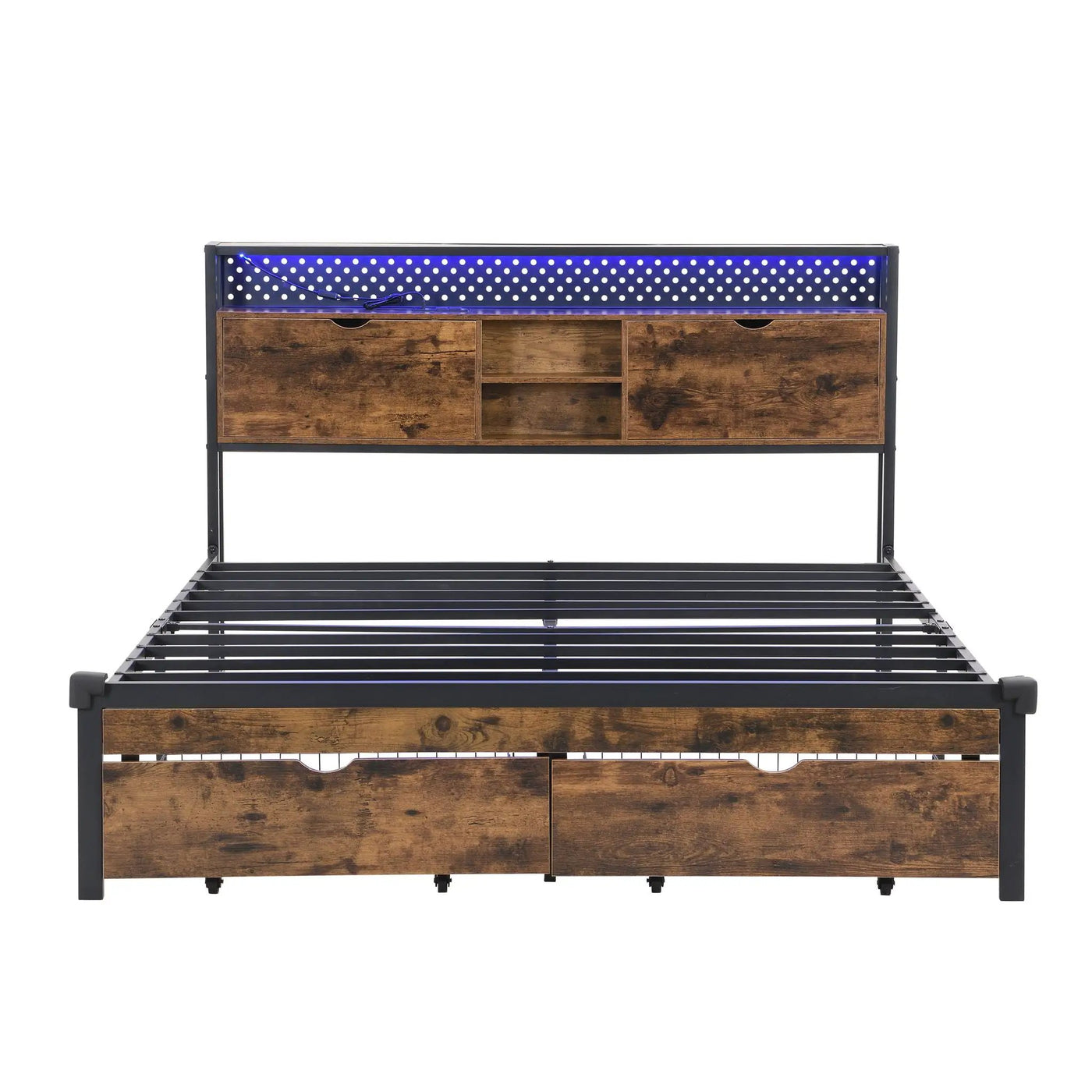 Modern Metal Platform Bed Frame With Wooden Headboard, USB Charging Station, Storage Drawers by Unique Piece Furniture