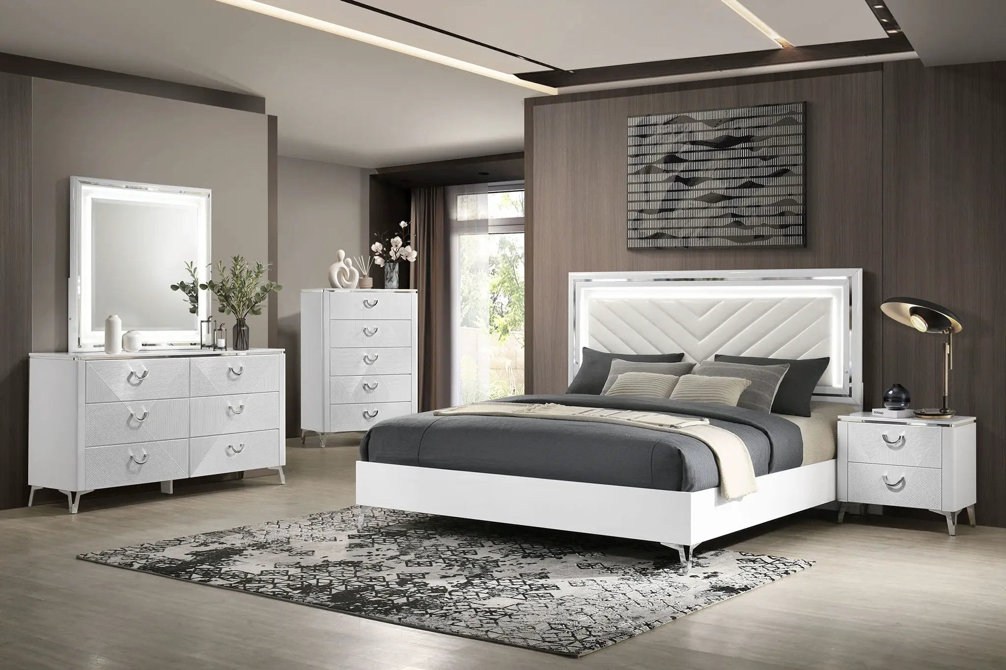 Cassia 5-piece Queen LED Bedroom Set White High Gloss by Unique Piece Furniture