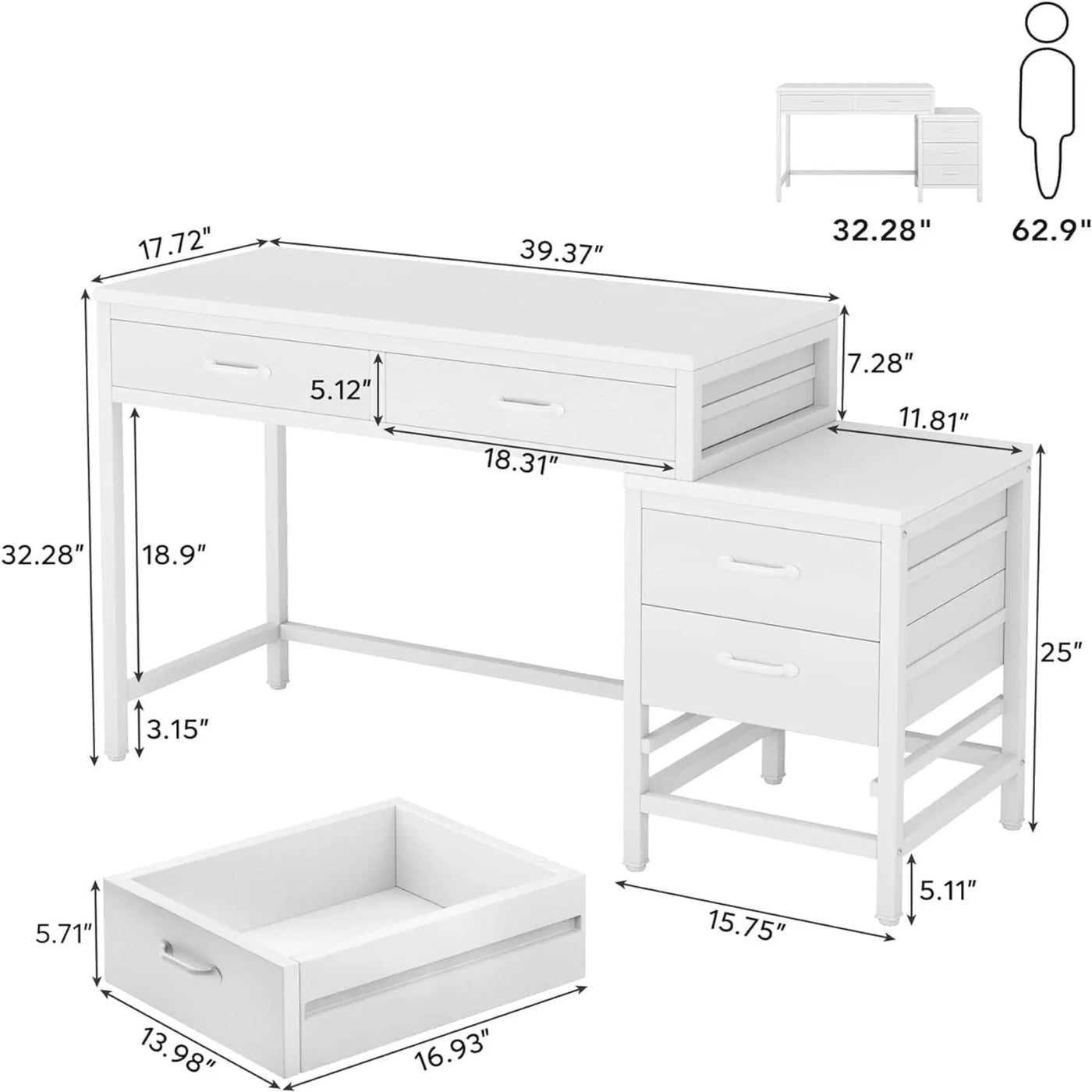 Computer Desk With Reversible 5 Drawer Storage, Frame Writing Table For Small Spaces by HouseOfZazla