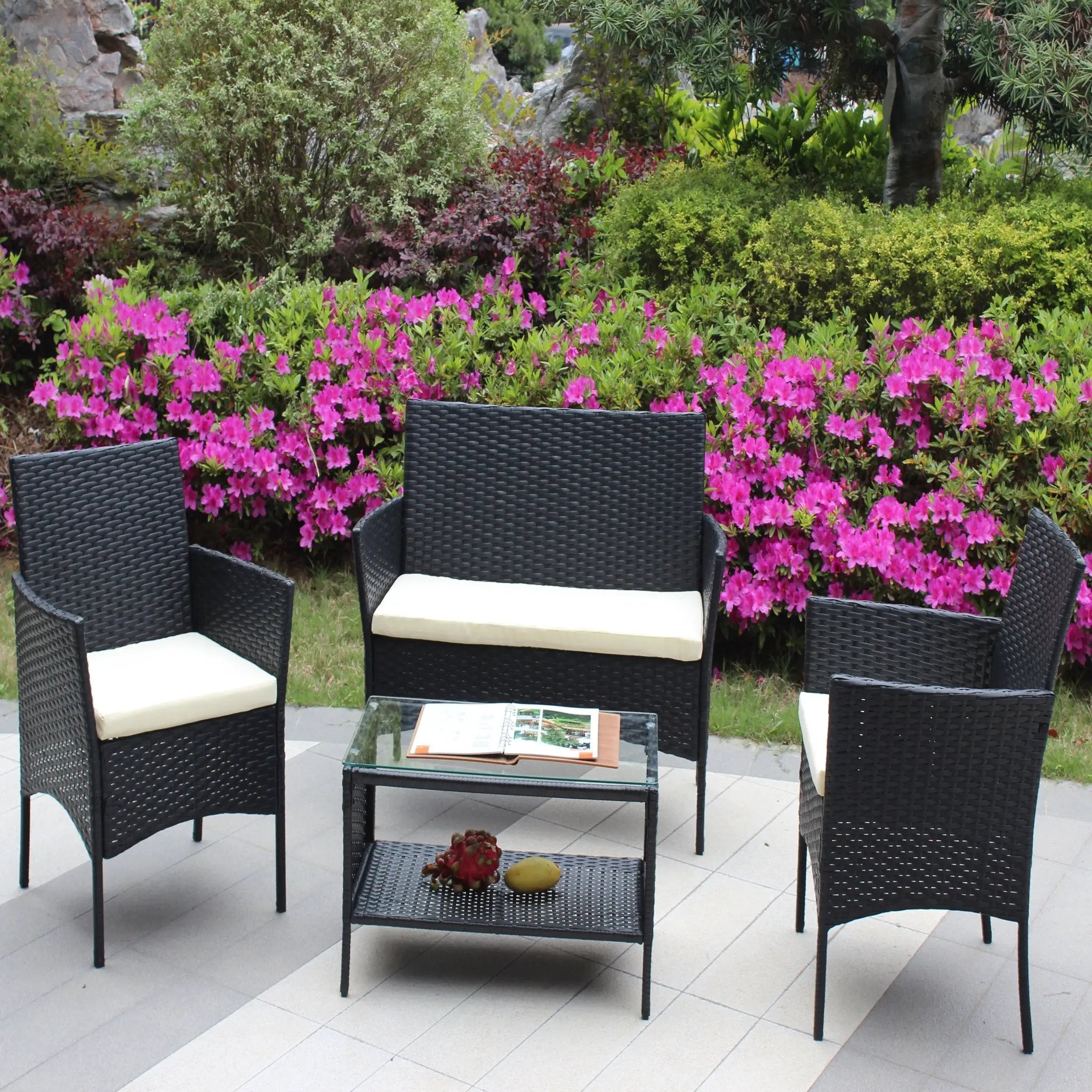 4 PC Rattan Patio Furniture Set Outdoor Cushioned Wicker Sofa by HouseOfZazla