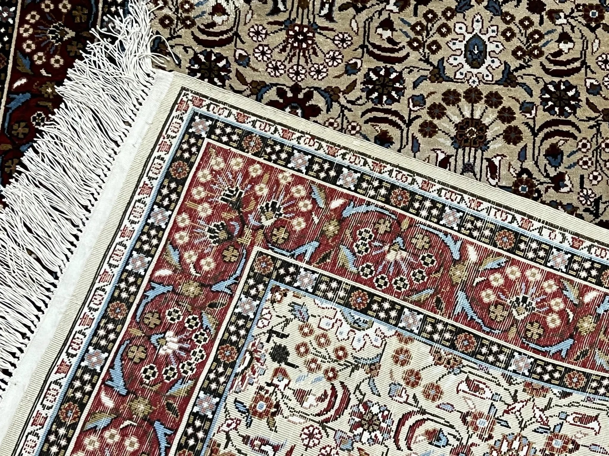 Fine Sino-Persian Silk Rug 3x5, High Quality Silk Carpet, Handmade Small Silk Rug, Allover Repeated Motif, Tan Maroon Blue Vintage Silk Rug by Jewel Rugs