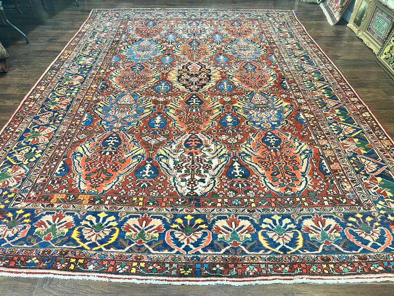 Large Persian Bakhtiari Rug 10x14, Rare Perisan Tribal Rug, Red Blue Ivory Multicolor, Hand Knotted, Semi Antique Carpet by Jewel Rugs