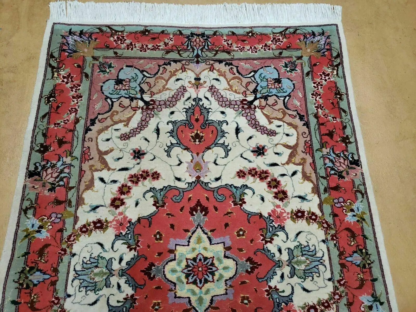 Small Vintage Persian Tabriz Wool and Silk Rug 2.5 x 4 ft, Very Finely Hand Knotted, Medallion, Ivory Salmon Light Blue, Top Quality, Pair B by Jewel Rugs