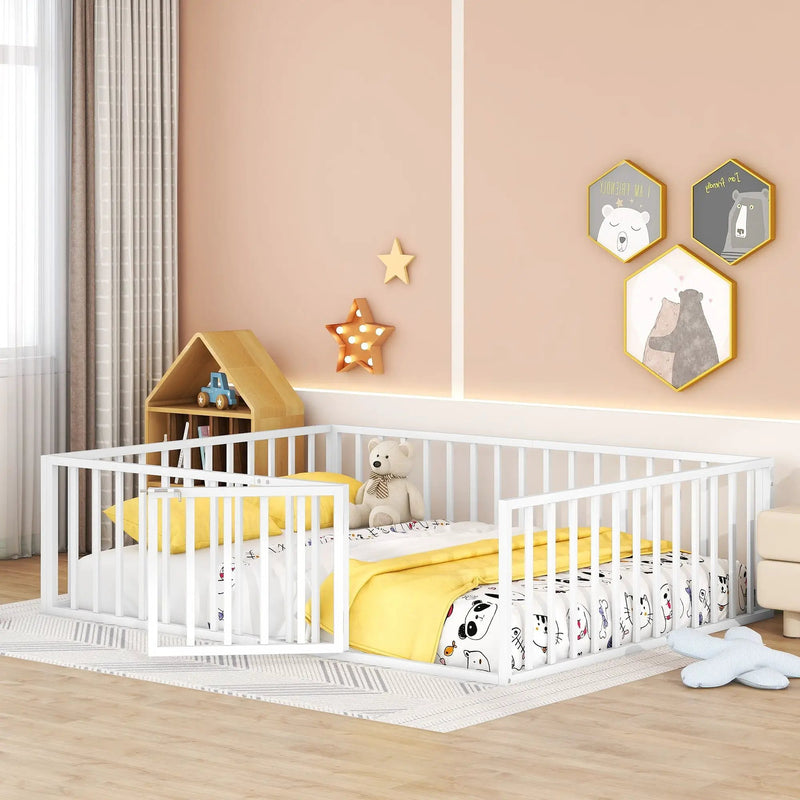 Metal Floor Bed Frame With Fence And Door by HouseOfZazla