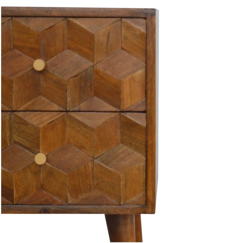 Cube Carved Bedside Table Nightstand - Chestnut by HouseOfZazla