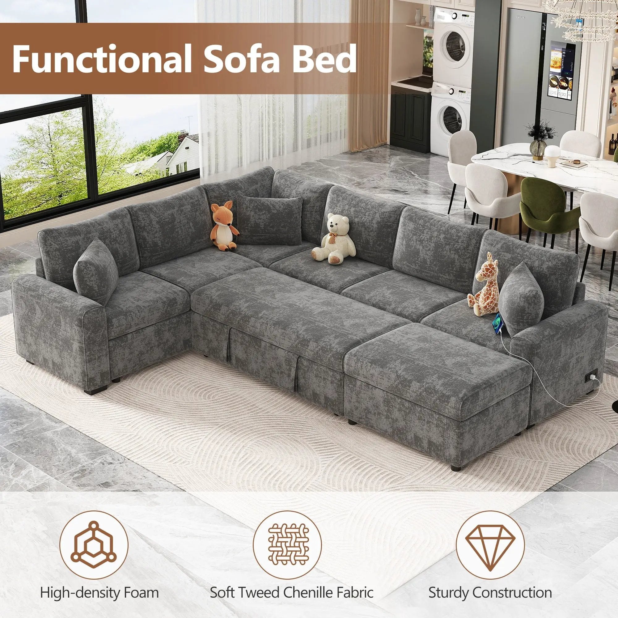 Sectional Sofa Pull-Out Sofa Bed Sleeper With A Storage Ottoman, Three Pillows And Charging Devices For Living Room by HouseOfZazla