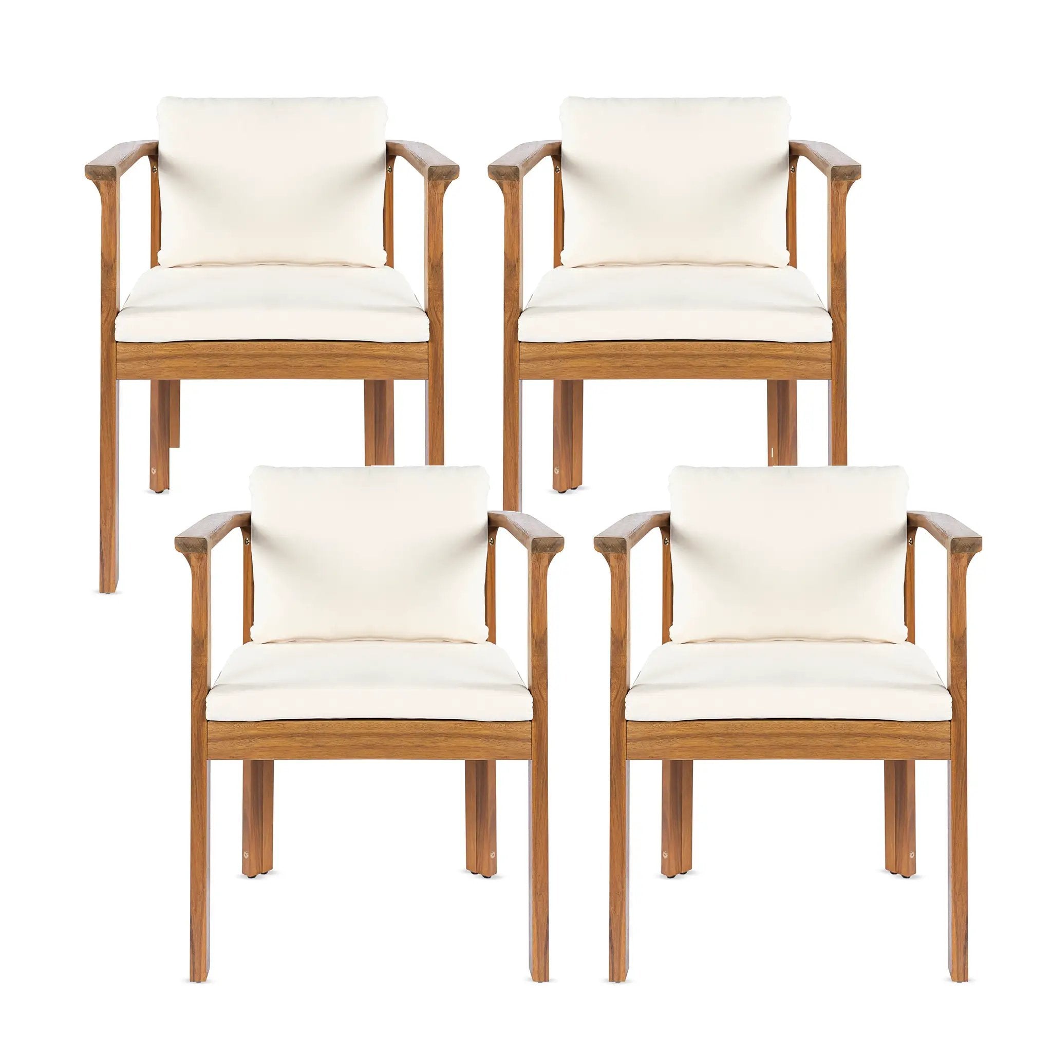 Outdoor Dining Chair Set of 4 with Curved Acacia Wood Arms and Cream Cushions by HouseOfZazla