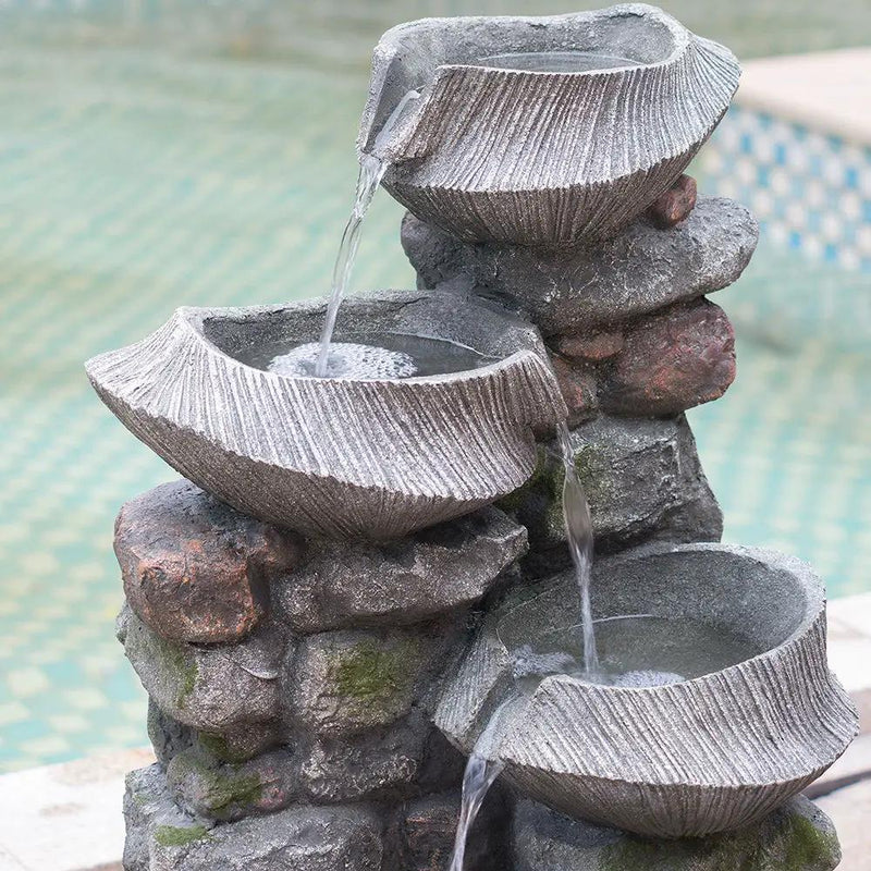 Indoor Outdoor Stone Water Fountain, 4 Tier Polyresin Cascading Rock Bowl Freestanding Fountain With LED Ligh - Gray by Unique Piece Furniture