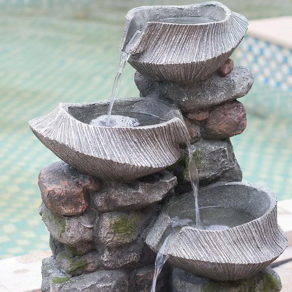 Indoor Outdoor Stone Water Fountain, 4 Tier Polyresin Cascading Rock Bowl Freestanding Fountain With LED Ligh - Gray by HouseOfZazla