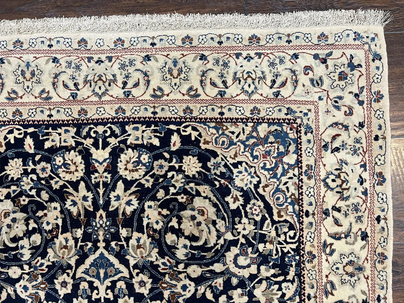 Very Fine Persian Nain Rug 3.7 x 6, Floral Medallion, Wool and Silk Accents, Highly Detailed, Hand Knotted Oriental Carpet, Navy Blue Ivory/Cream by Jewel Rugs