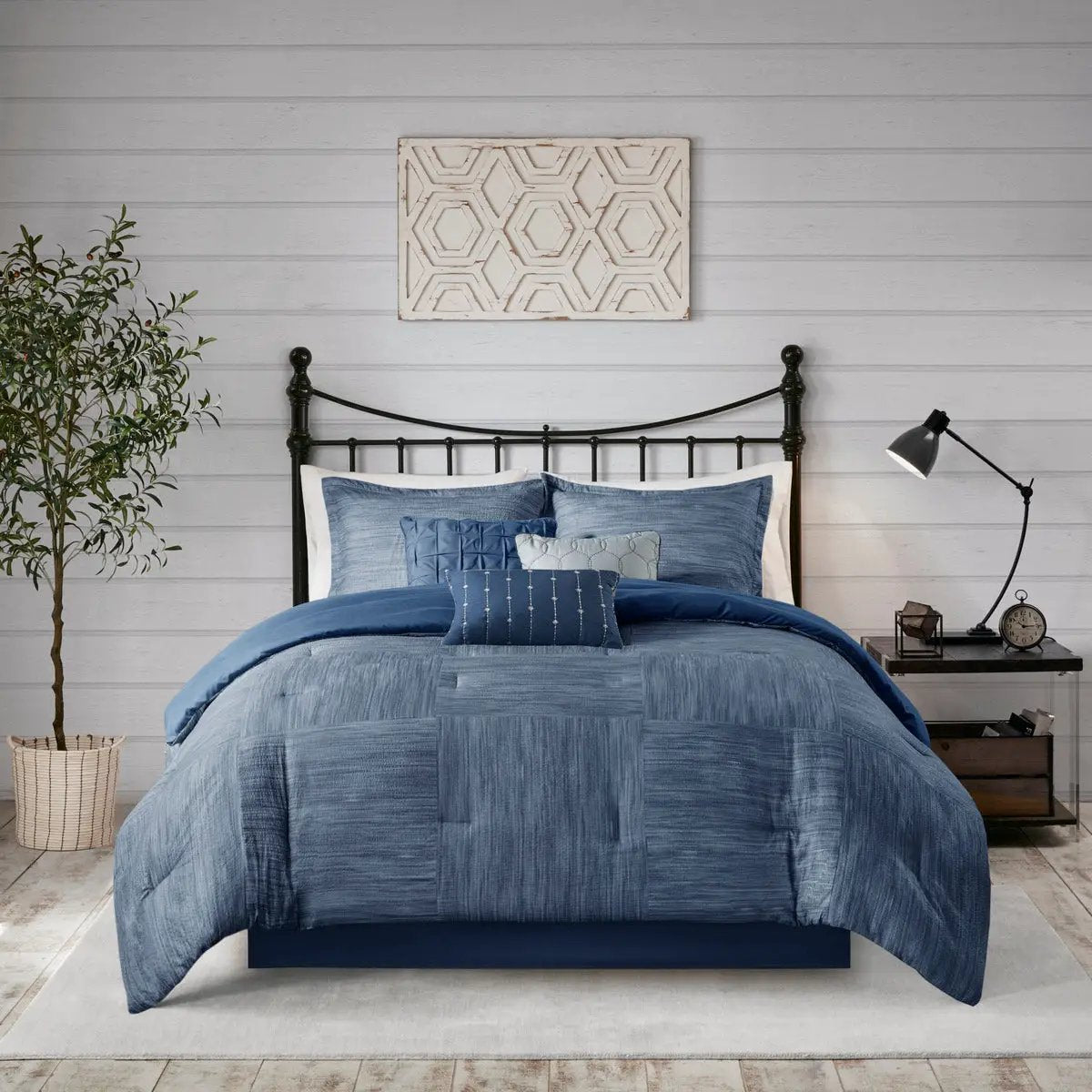 7 Piece Printed Seersucker Comforter Set Navy King by HouseOfZazla