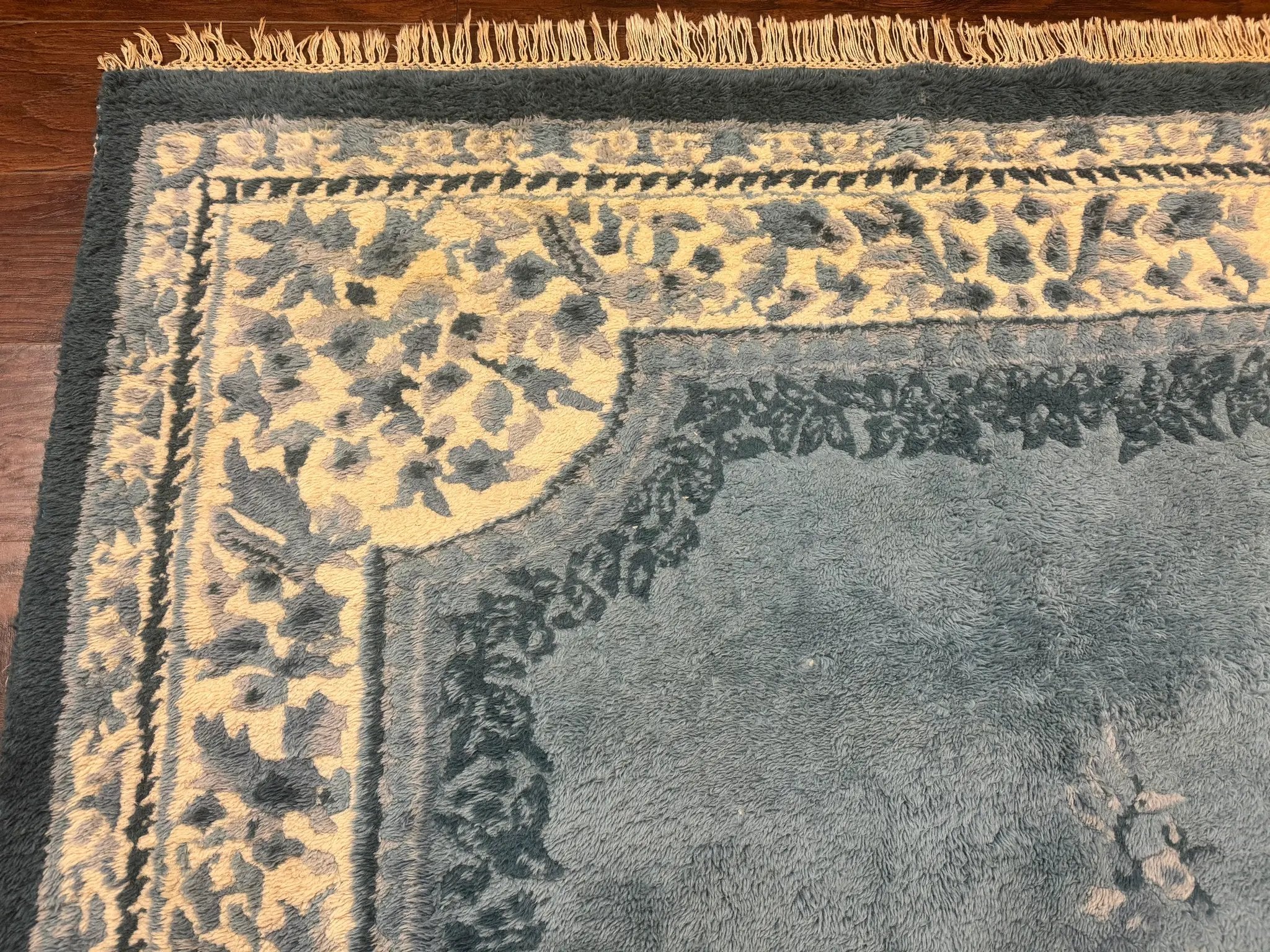 Indo Chinese Aubusson Rug 6x9, Light Blue and Ivory, Handmade Vintage Wool Carpet by Jewel Rugs