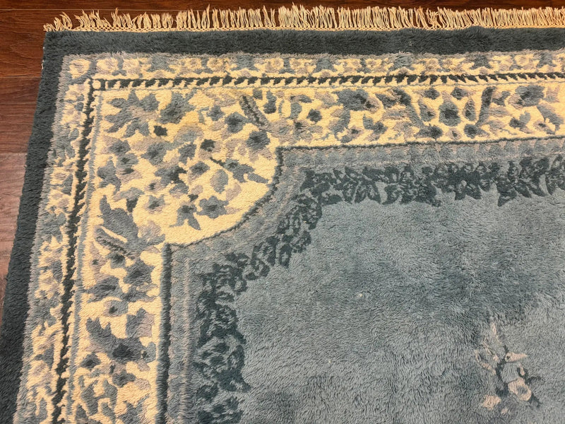 Indo Chinese Aubusson Rug 6x9, Light Blue and Ivory, Handmade Vintage Wool Carpet by Jewel Rugs