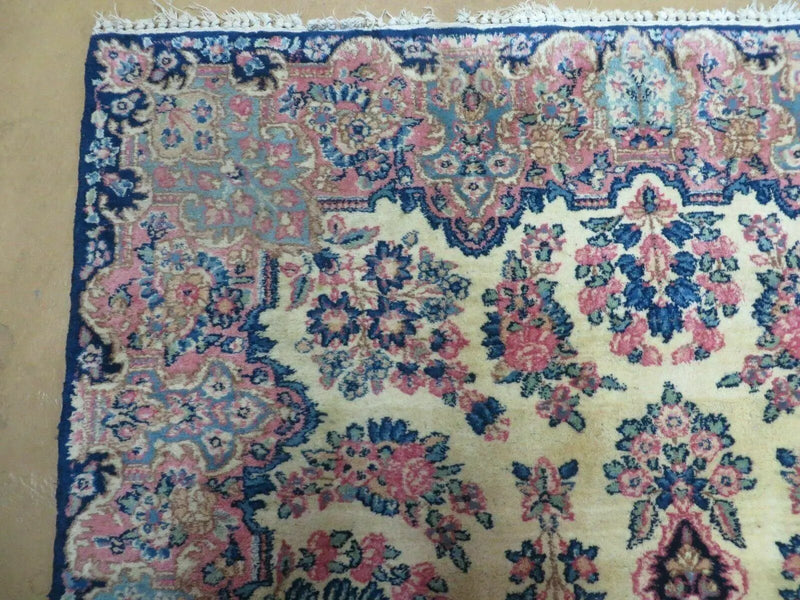 Antique Persian Kirman Rug 3.9 x 6.6, Floral Oriental Carpet, Ivory/Cream - Blue - Pink, Hand Knotted Wool Rug, Floral Medallion Rug 4x6 by Jewel Rugs