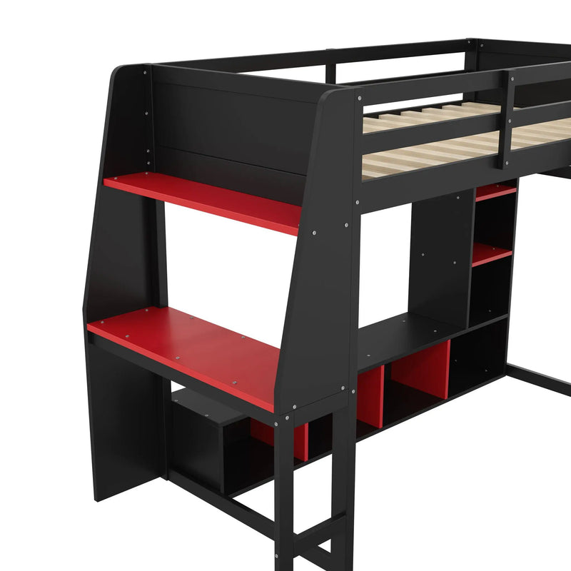 Gaming Loft Bed With Desk, Multi Storage Shelves, LED Lighting, And Hanging Clothes Rack by Unique Piece Furniture