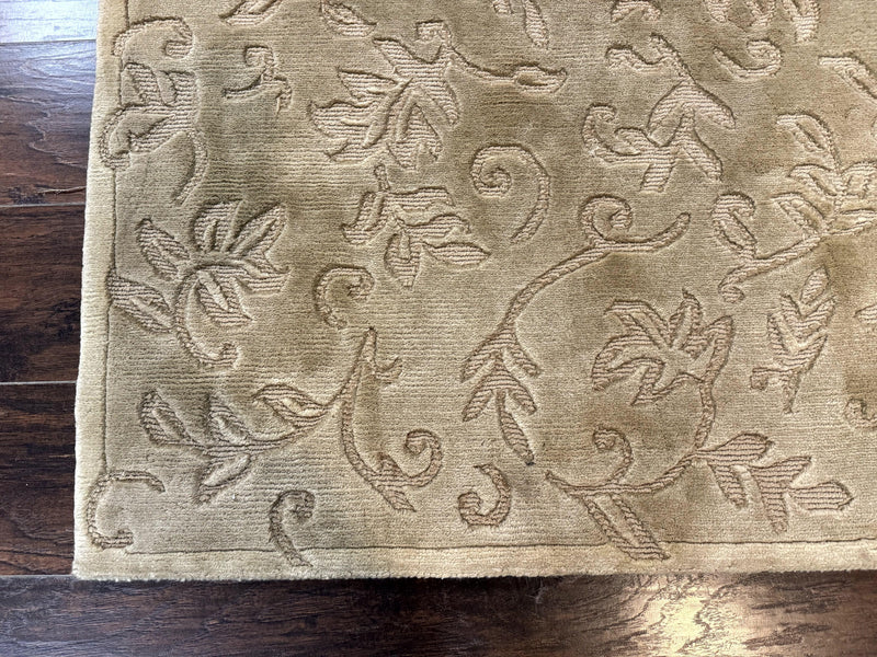 Modern Tibetan Rug 3.7 x 5.5, Carved Floral Design, Wool and Silk Highlights by Jewel Rugs
