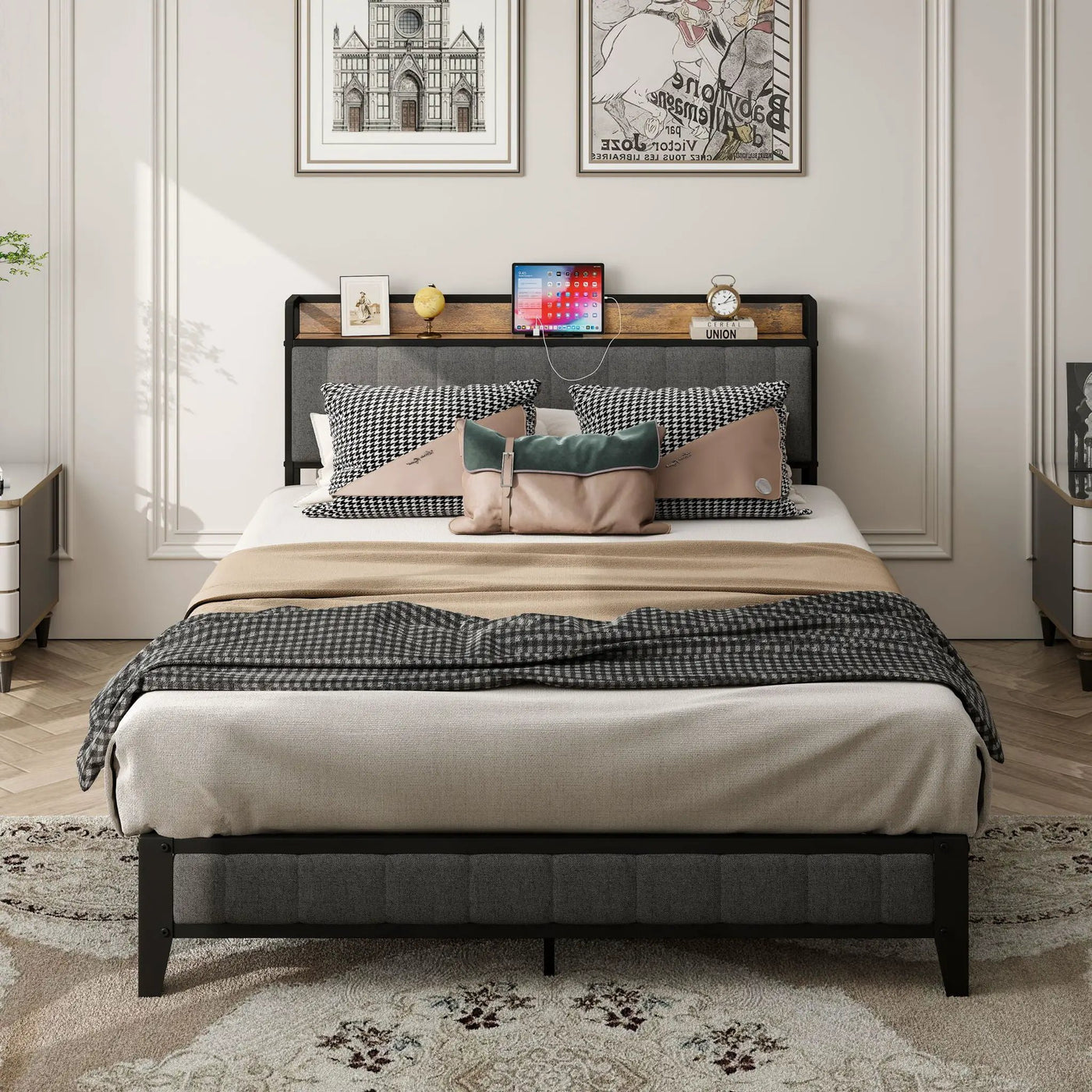 Bed With Charging Station, American Design Upholstered Headboard, Metal Platform by Unique Piece Furniture