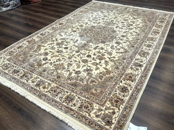Sino Persian Rug 6x9, Floral Medallion, Ivory & Taupe, Wool with Silk Highlights, Fine 210 KPSI, photo 2 of 12