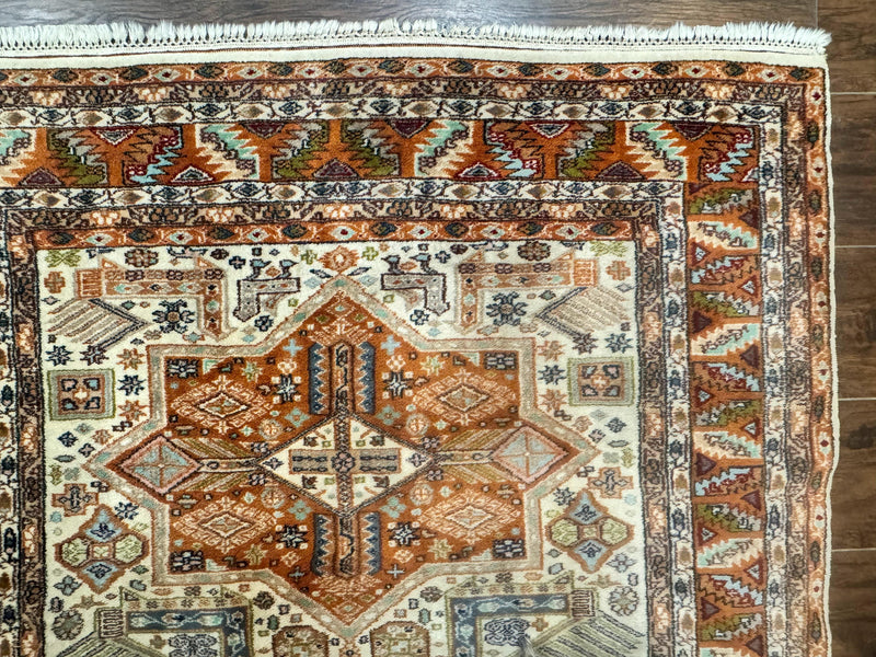 Turkish Kazak Rug 4x6, Geometric Medallions, Vintage Handmade Wool Carpet by Jewel Rugs