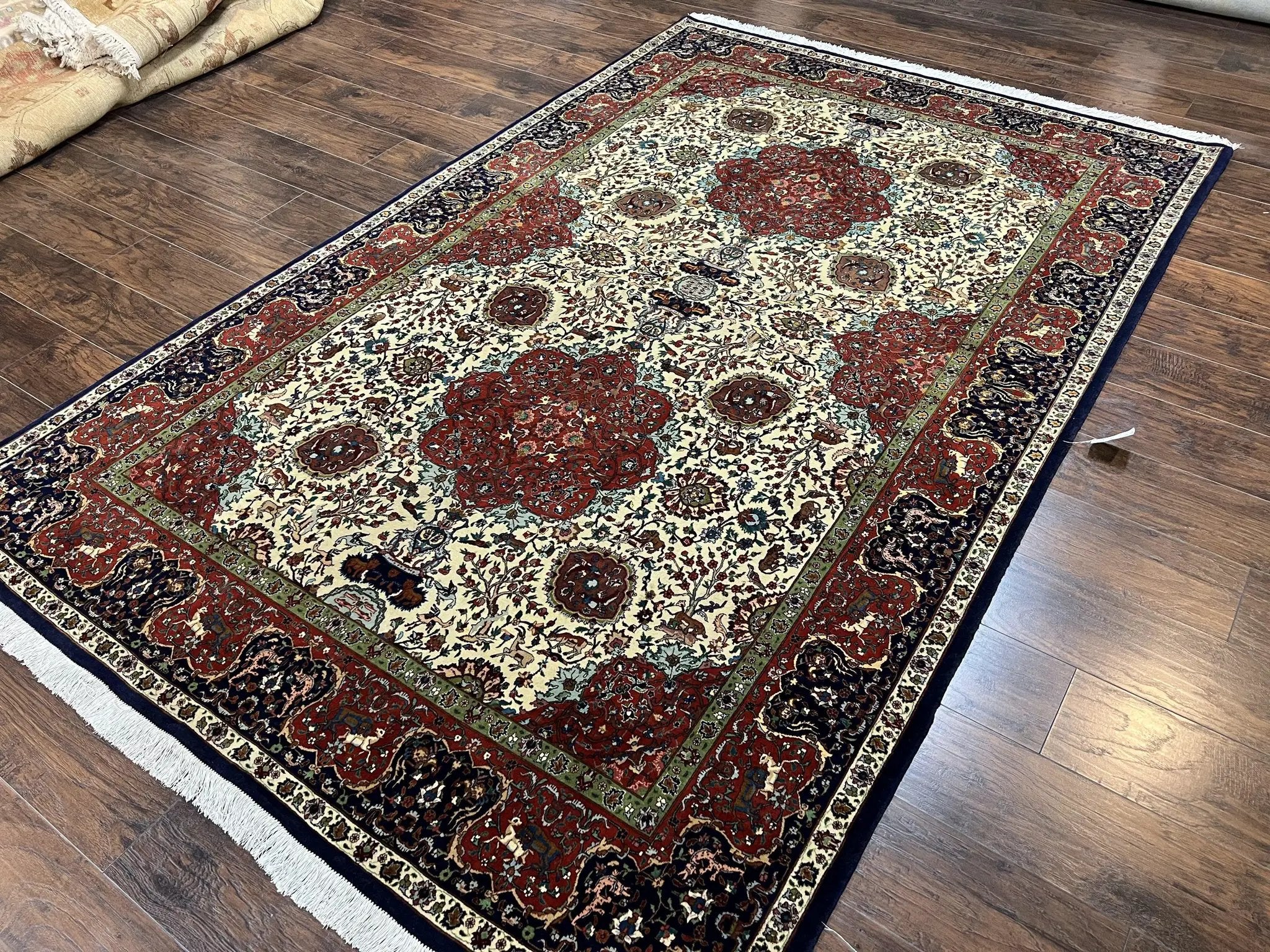 Wonderful Sino Persian Rug 6x10 with Animal Pictorial Motifs, Cream Dark Red Navy Blue, Birds Gazelles, Two Medallions, Top Quality Handmade by Jewel Rugs