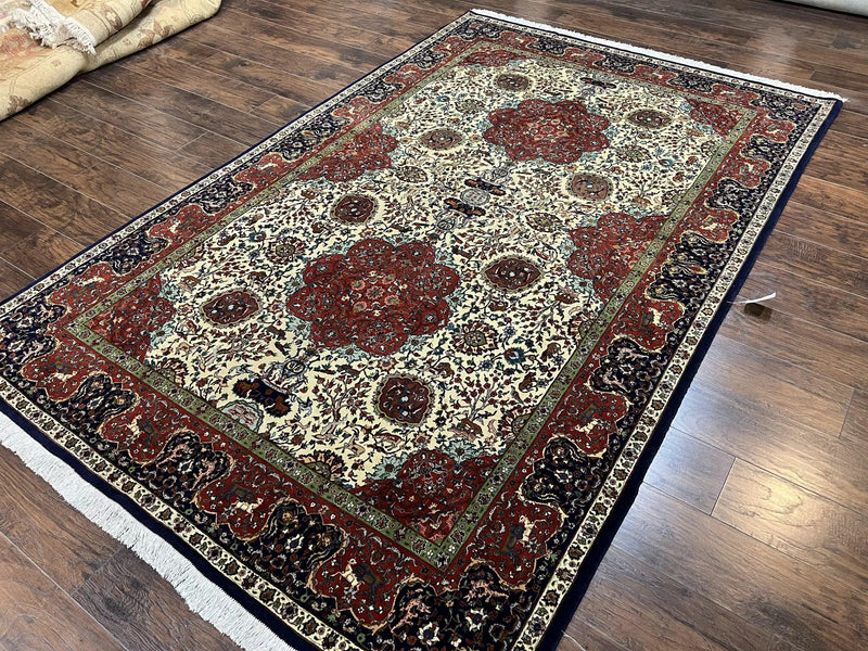 Wonderful Sino Persian Rug 6x10 with Animal Pictorial Motifs, Cream Dark Red Navy Blue, Birds Gazelles, Two Medallions, Top Quality Handmade by Jewel Rugs