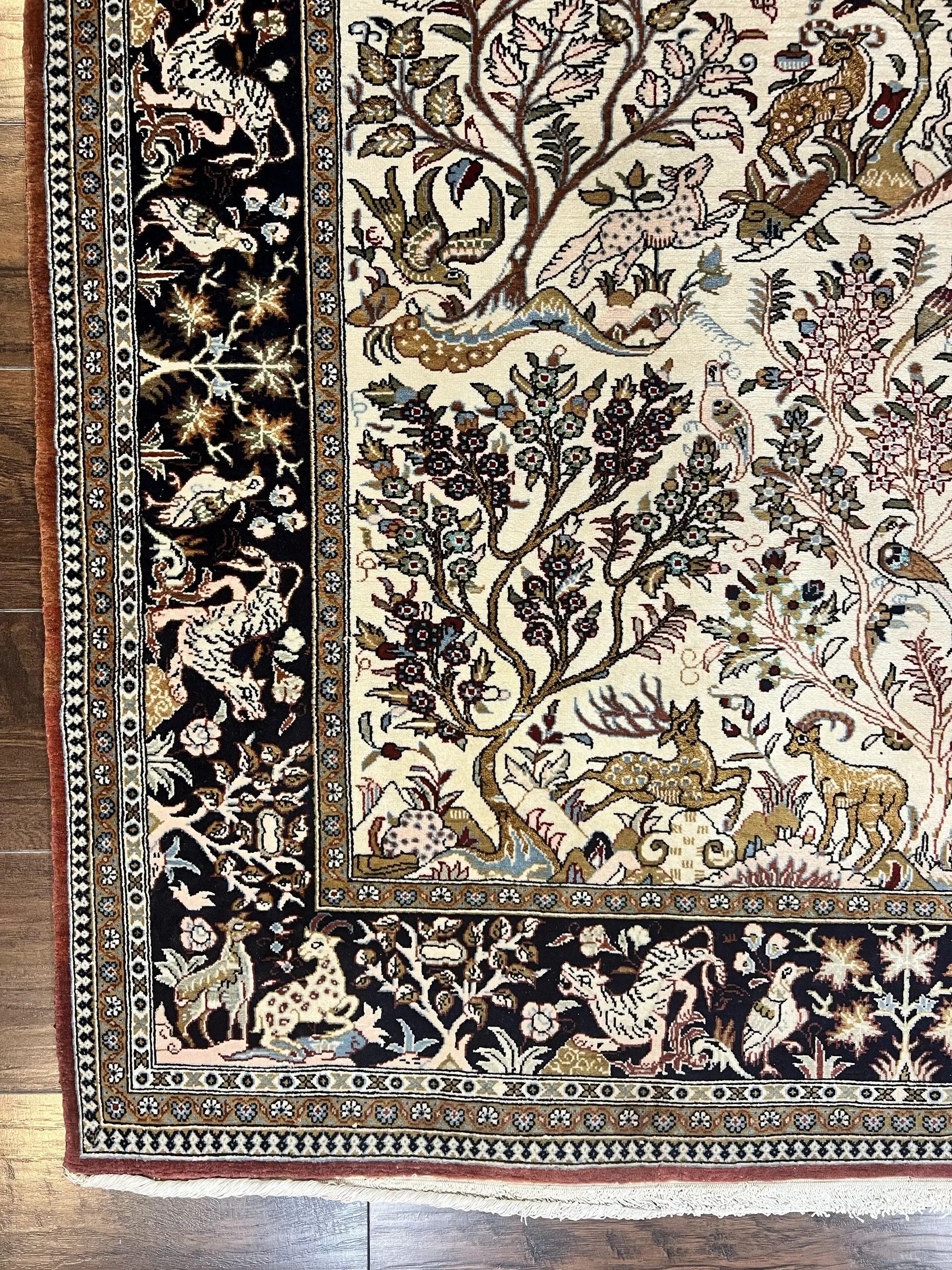 Persian Qum Tree of Life Rug 5x7, Wool and Silk Highlights, Animal Motifs, Vintage Hand Knotted Handmade Cream & Black Fine Oriental Carpet by Jewel Rugs