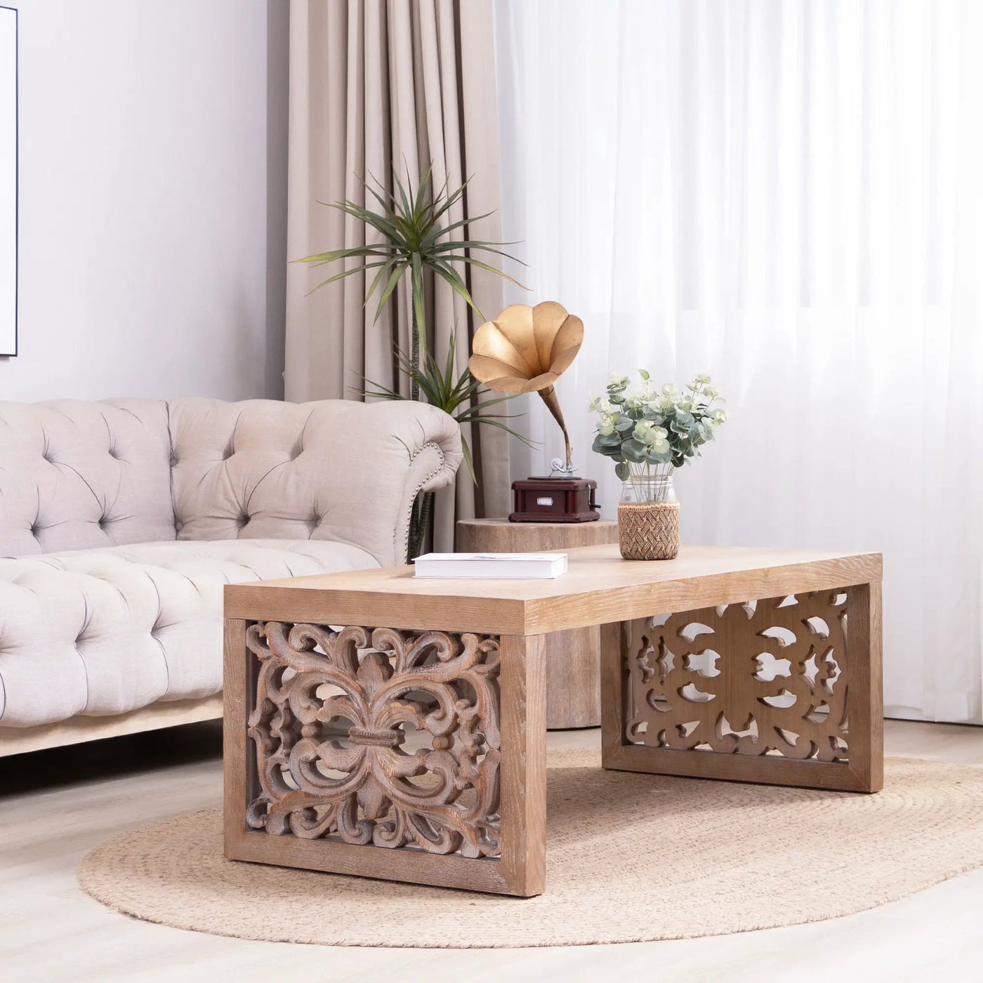 Rustic Carved Wood Coffee Table, Handcrafted Look With Ornate Side Panels by Unique Piece Furniture