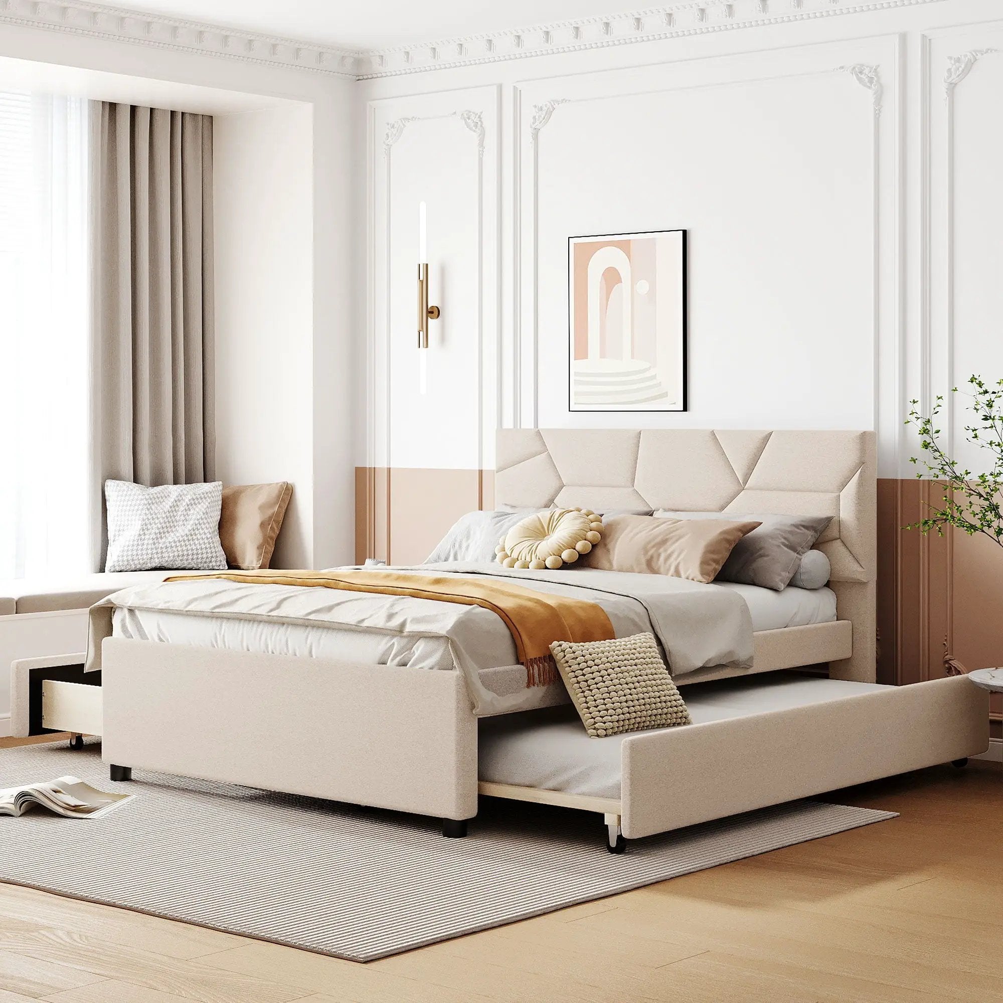 Upholstered Platform Bed With Brick Pattern Headboard And Twin Long Size Trundle by Unique Piece Furniture