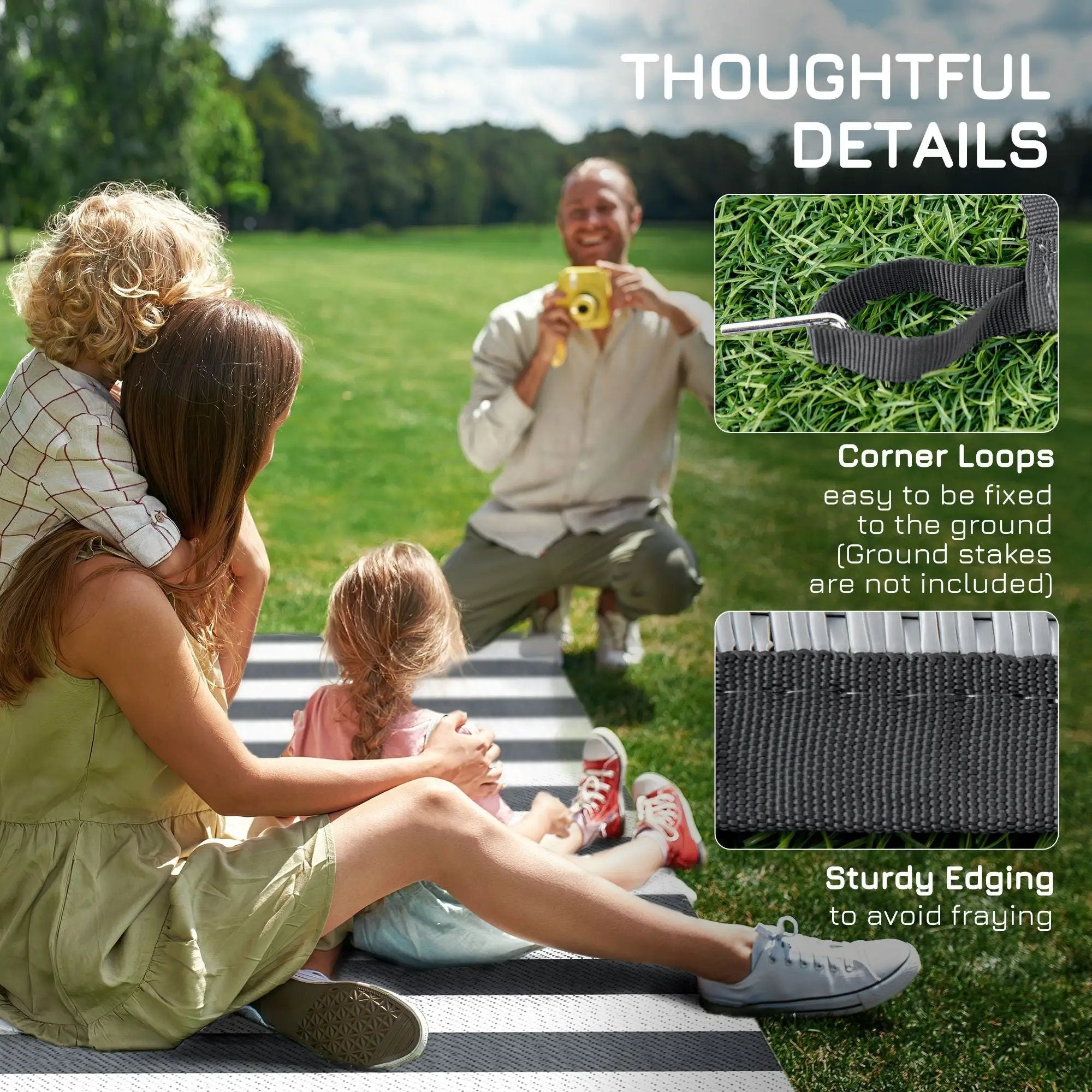Outsunny - Reversible Outdoor Rug, 9' x 12' Waterproof Plastic Straw Floor Mat, Portable Rv Camping Carpet With Carry Bag, Large Floor Mat For Backyard, Deck, Picnic, Beach - Gray & White Striped by HouseOfZazla