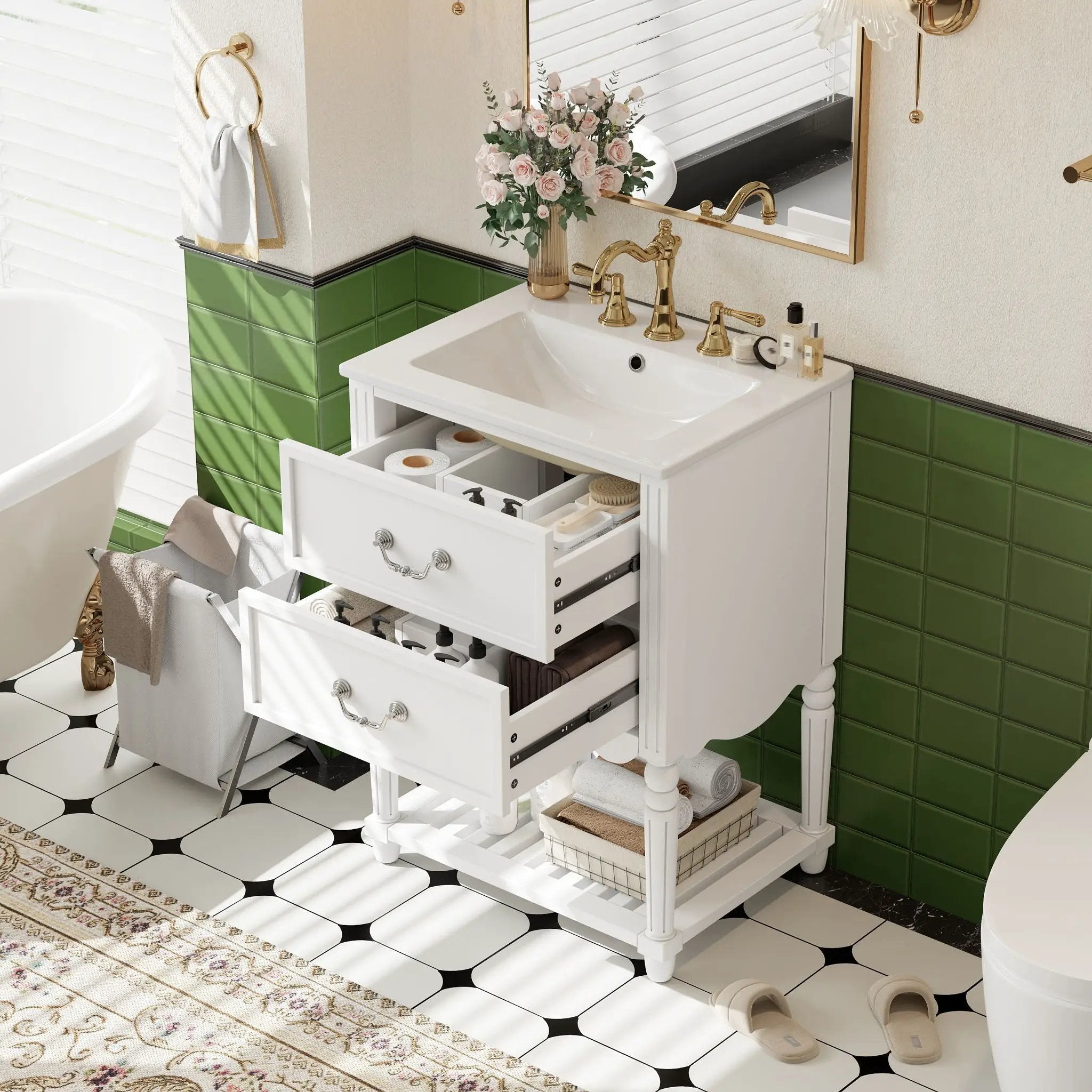 Wave Design Bathroom Vanity With Sink, 2 Drawers And Open Shelf by Unique Piece Furniture