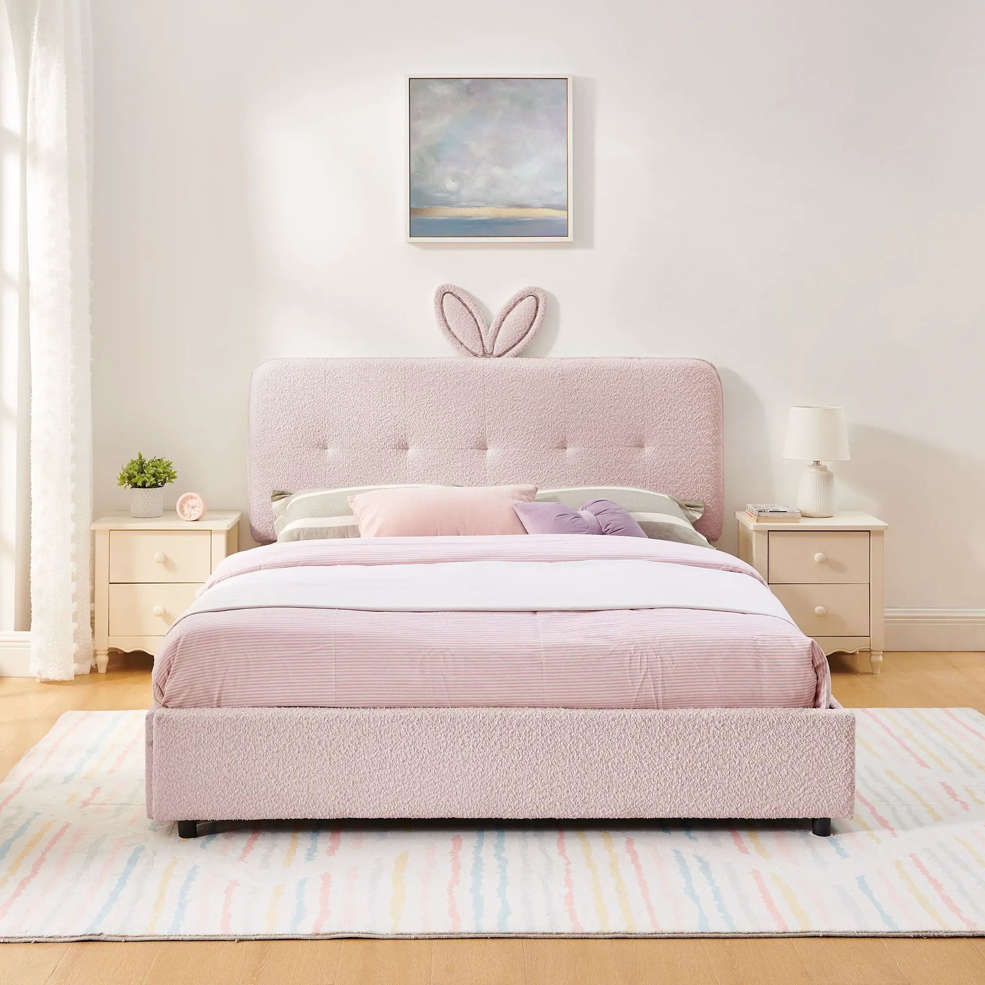 Upholstered Bed With Oversized Rabbit Ear Headboard, LED Lights & 4 Storage Drawers by Unique Piece Furniture