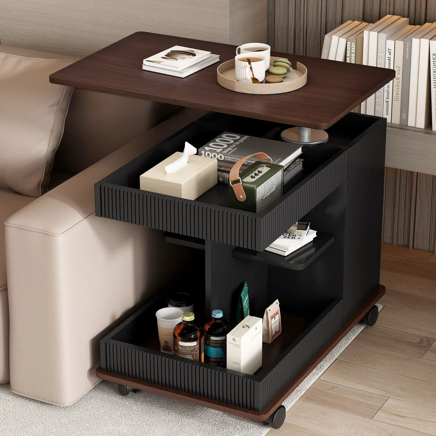 Adjustable End Table With Wheels, 360°Rotating Top And Storage Space by Unique Piece Furniture