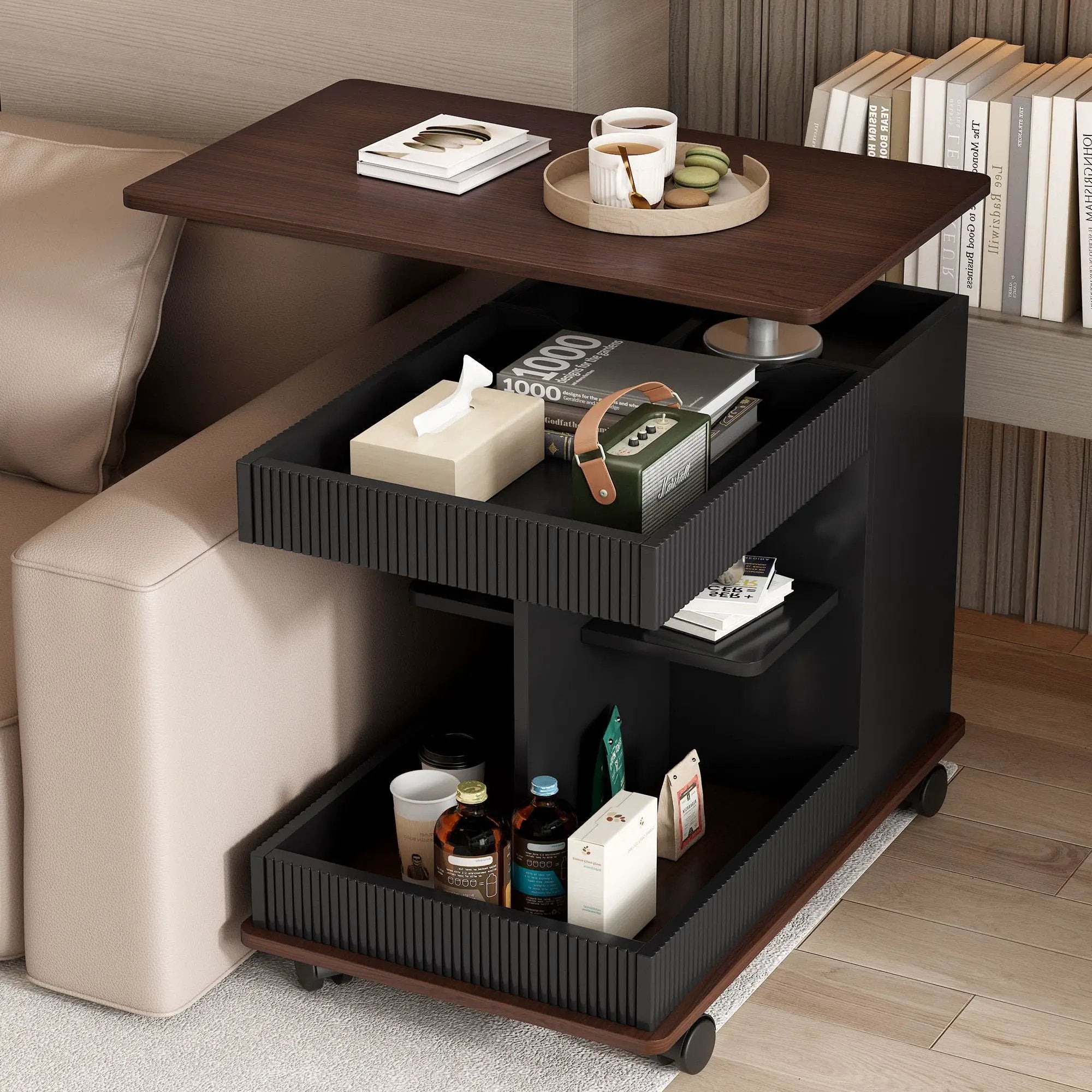 Adjustable End Table With Wheels, 360°Rotating Top And Storage Space by Unique Piece Furniture