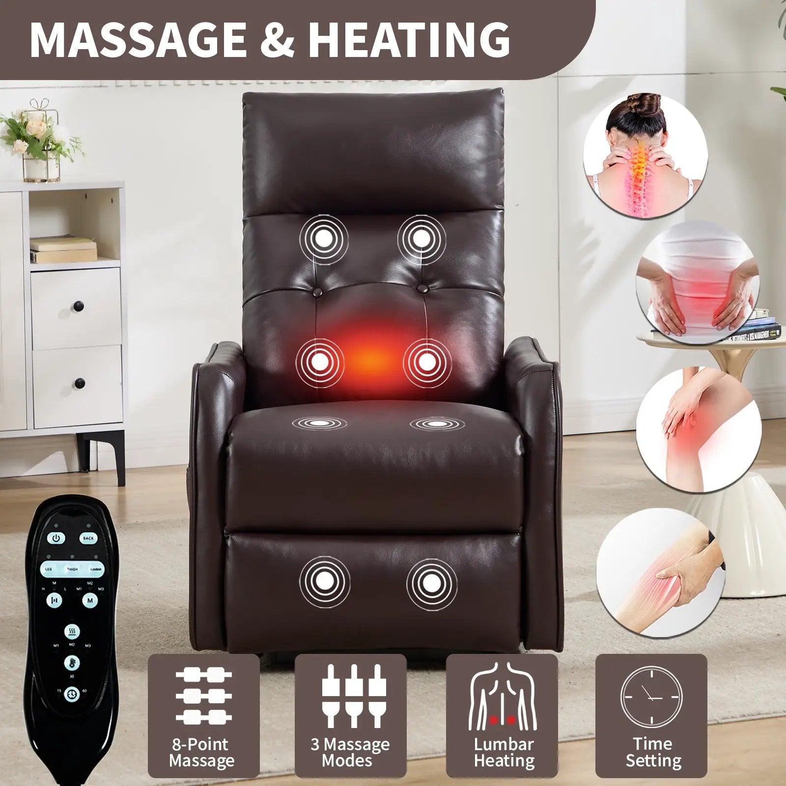 Brown PU Single Motor Power Lift Recliner Chair with Massage & Heat by HouseOfZazla