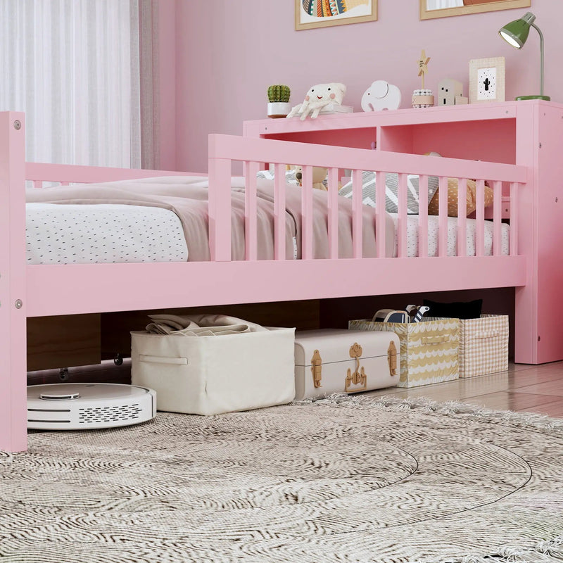 Bed With Headboard Storage Rack, 2 Under Bed Drawers, 3 Side Guardrails For Safety by Unique Piece Furniture