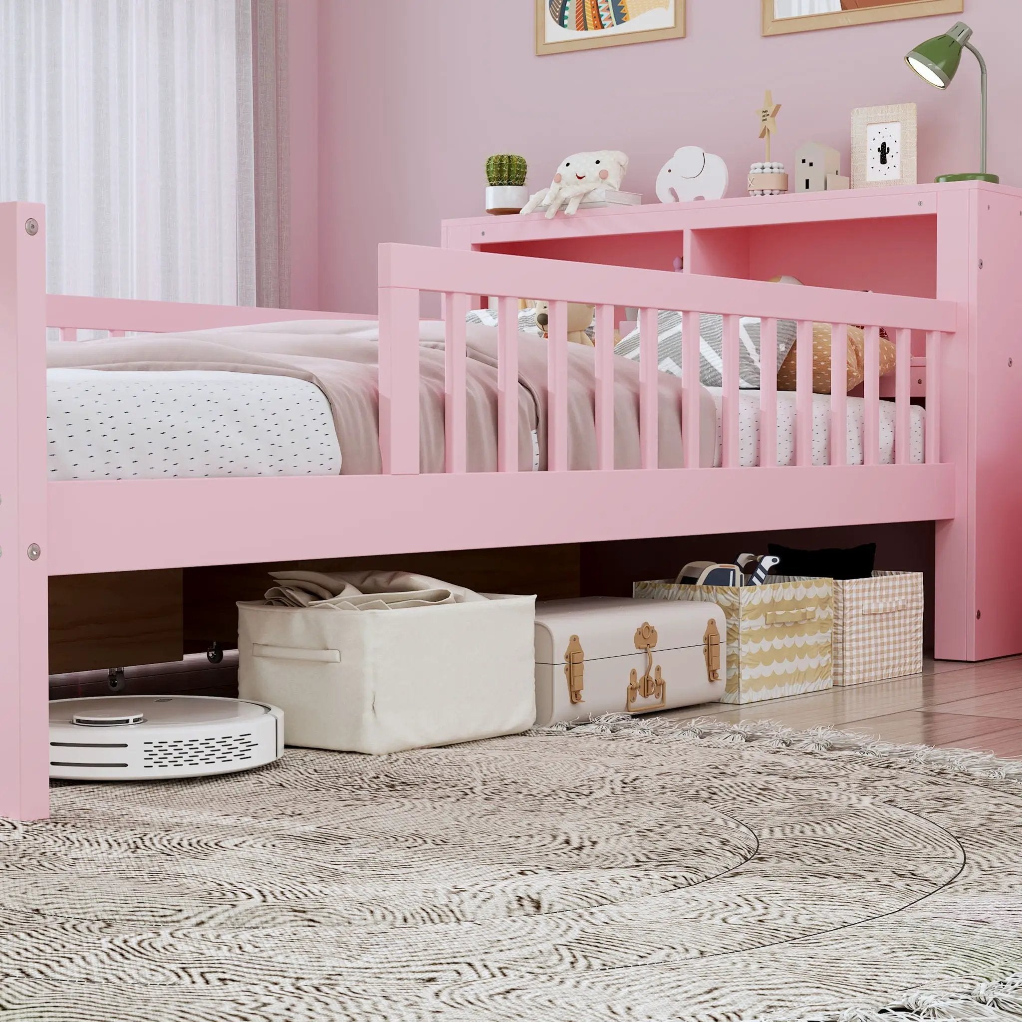 Bed With Headboard Storage Rack, 2 Under Bed Drawers, 3 Side Guardrails For Safety by Unique Piece Furniture