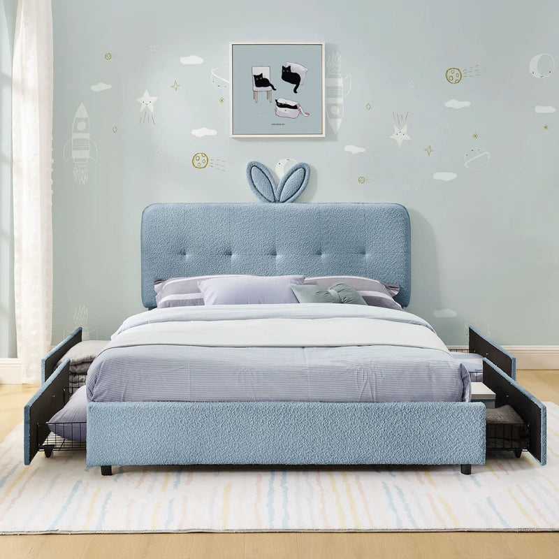 Upholstered Bed With Oversized Rabbit Ear Headboard, LED Lights & 4 Storage Drawers by Unique Piece Furniture