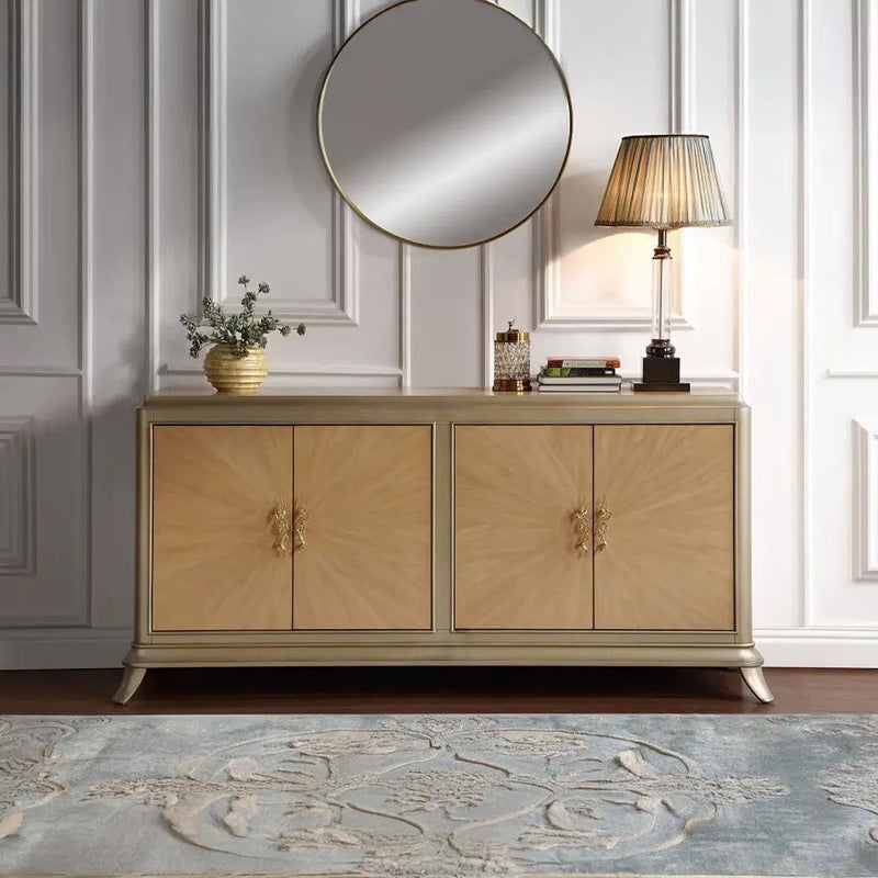 Dodie - Console Cabinet - Natural Oak Sunburst Pattern & Taupe Champaign by Unique Piece Furniture