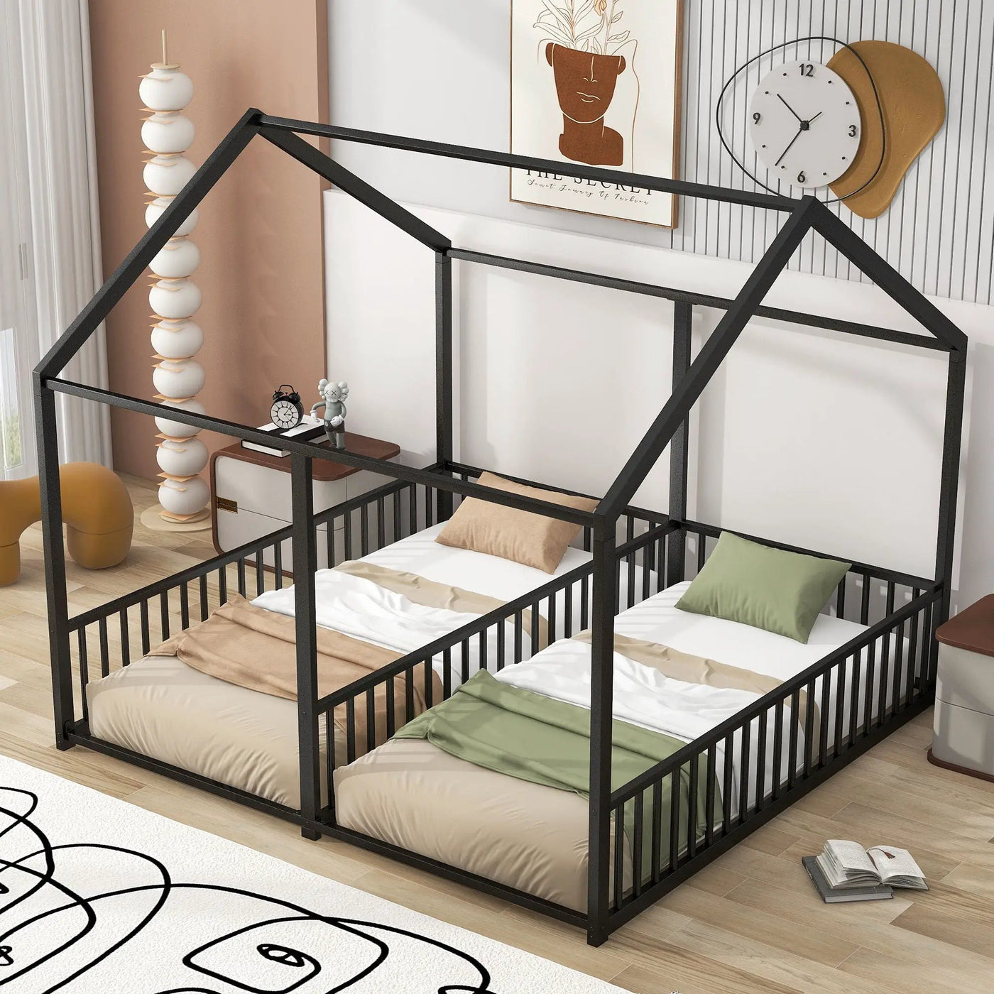 House Platform Beds, 2 Shared Beds, Metal Frame With Guardrails by HouseOfZazla
