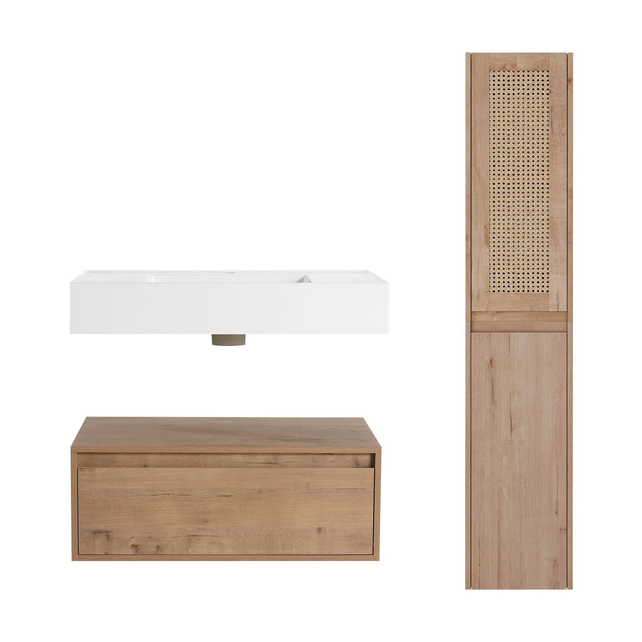 Contemporary Wall Mounted Bathroom Vanity With Resin Sink And 2 Side Cabinet - Imitative Oak by Unique Piece Furniture