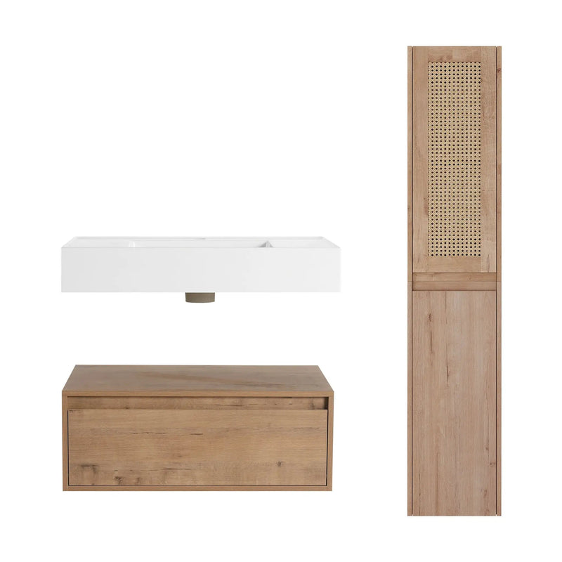 Contemporary Wall Mounted Bathroom Vanity With Resin Sink And 2 Side Cabinet - Imitative Oak by Unique Piece Furniture