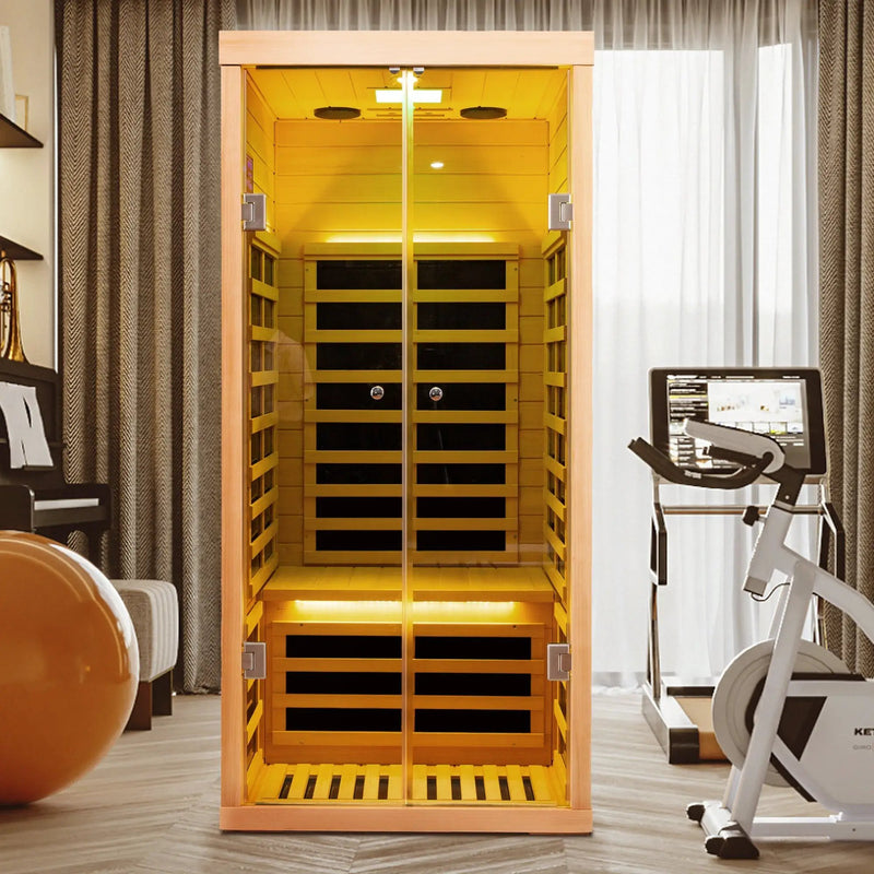 Luxury Indoor Low EMF Far Infrared Sauna Room with Hemlock Wood and Glass Double Doors by HouseOfZazla