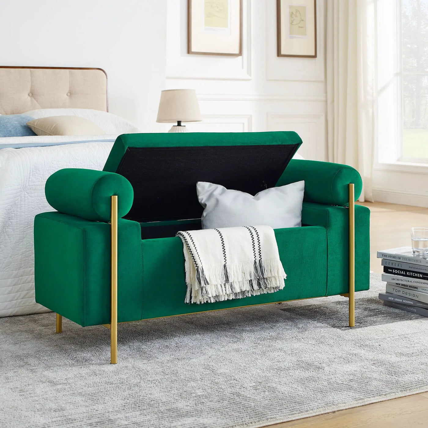 Elegant Upholstered Storage Bench With Cylindrical Arms And Iron Legs, by HouseOfZazla