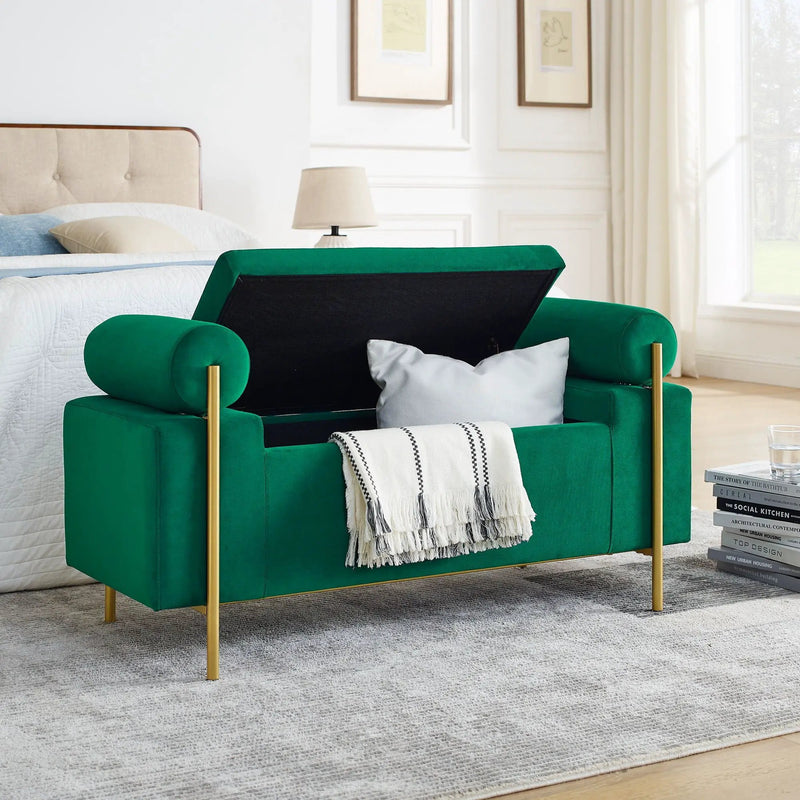 Elegant Upholstered Storage Bench With Cylindrical Arms And Iron Legs, by Unique Piece Furniture